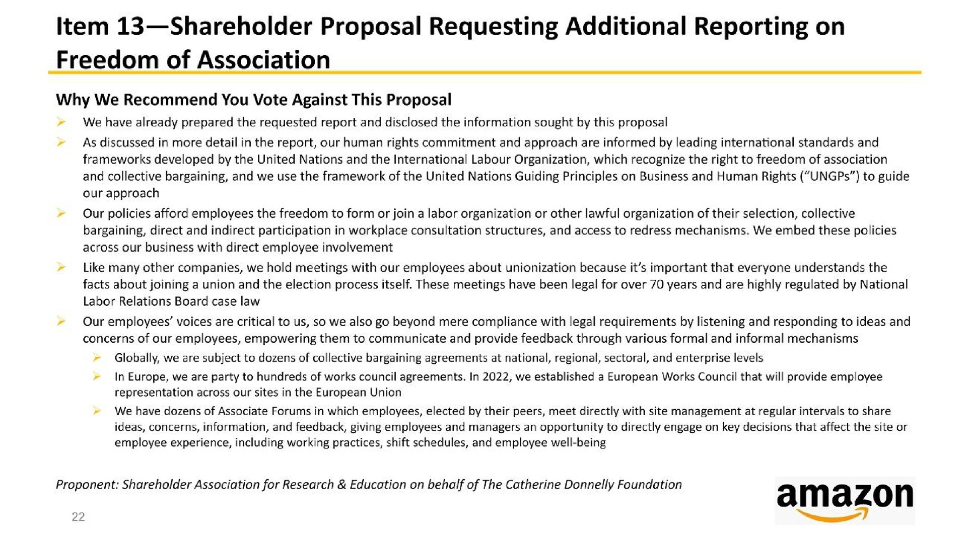 item shareholder proposal requesting additional reporting on freedom of association | Amazon