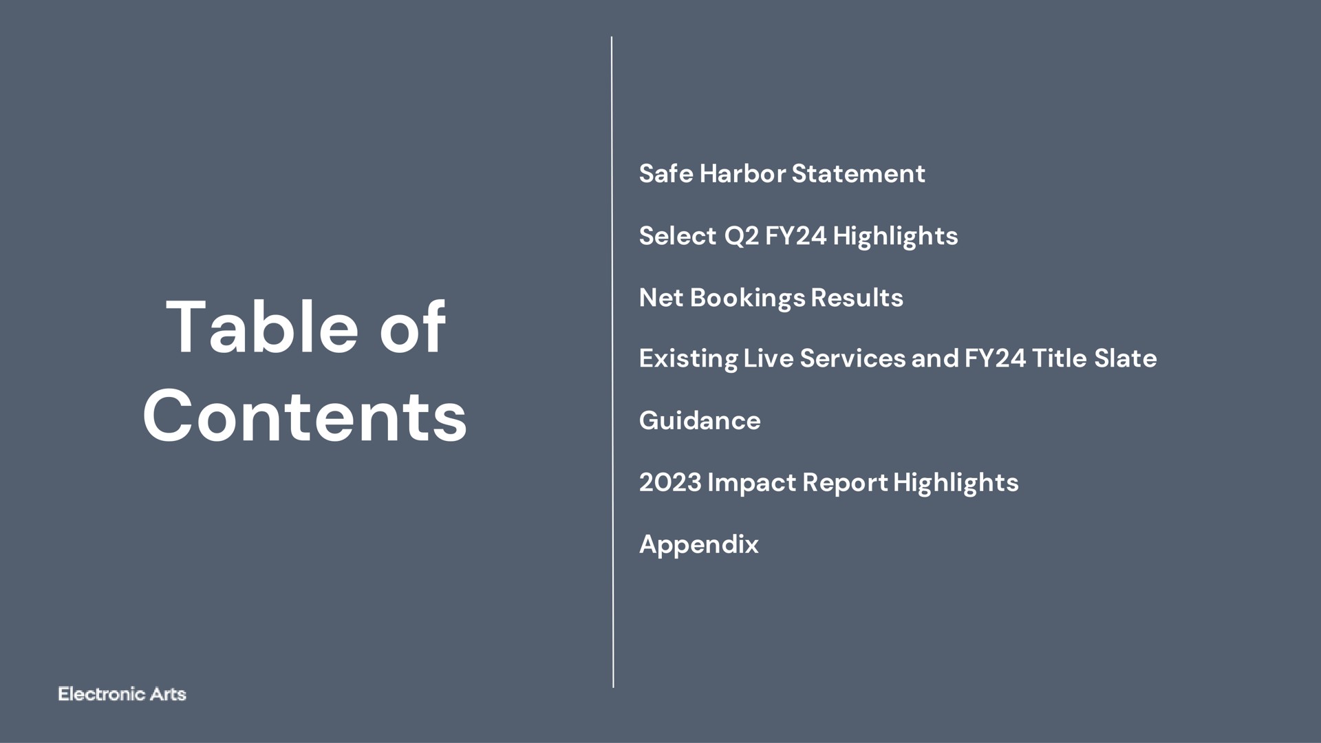table of contents safe harbor statement select highlights net bookings results existing live services and title slate guidance impact report highlights appendix | Electronic Arts