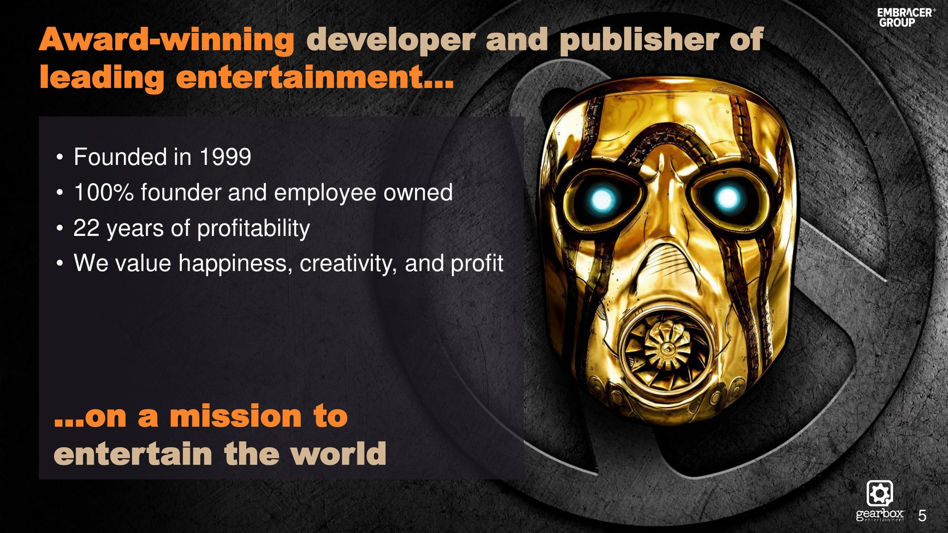 award winning developer and publisher of leading entertainment on a mission to entertain the world founded in founder employee owned years profitability we value happiness creativity profit | Embracer Group