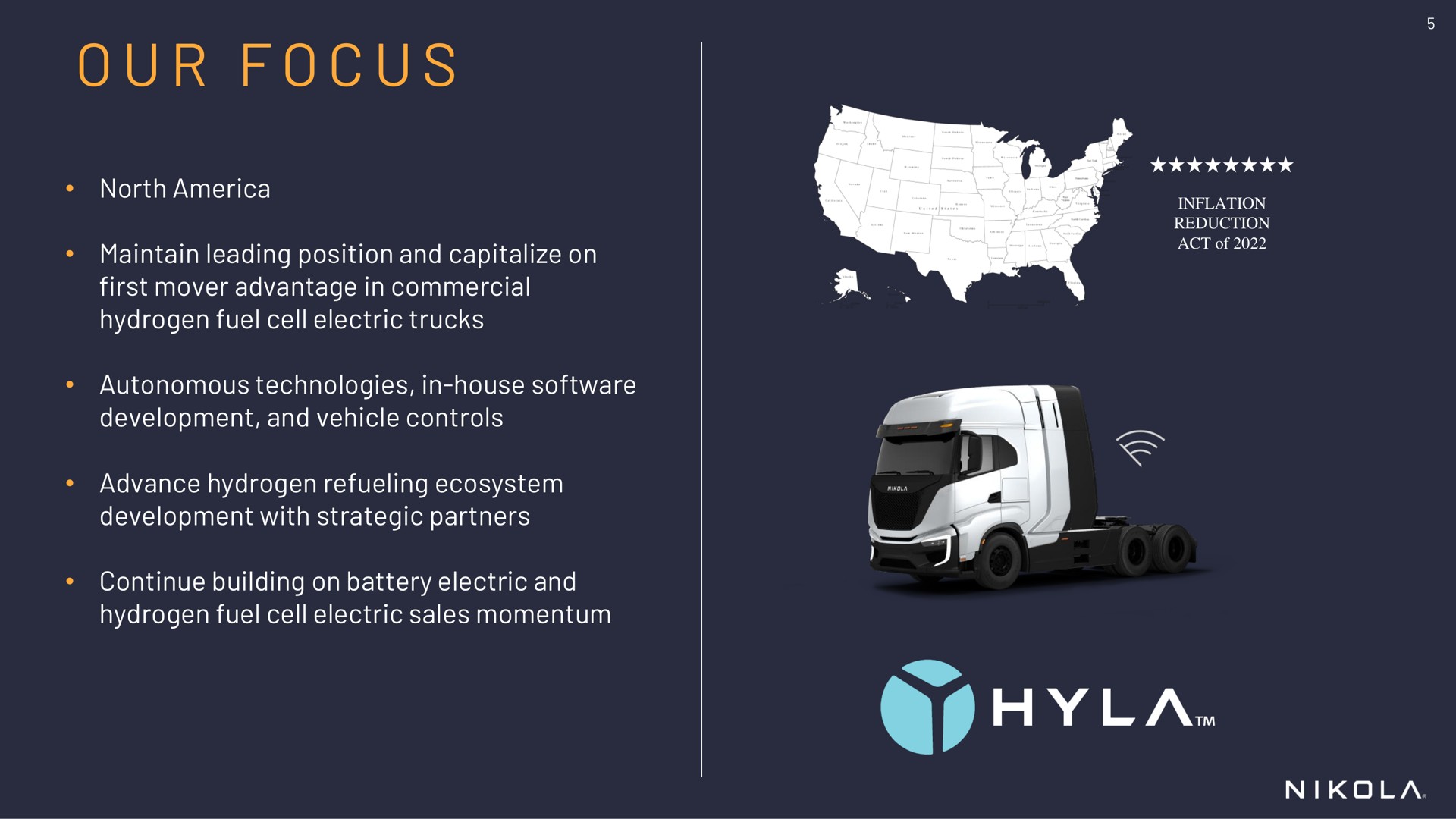 north maintain leading position and capitalize on first mover advantage in commercial hydrogen fuel cell electric trucks autonomous technologies in house development and vehicle controls advance hydrogen refueling ecosystem development with strategic partners continue building on battery electric and hydrogen fuel cell electric sales momentum our focus | Nikola