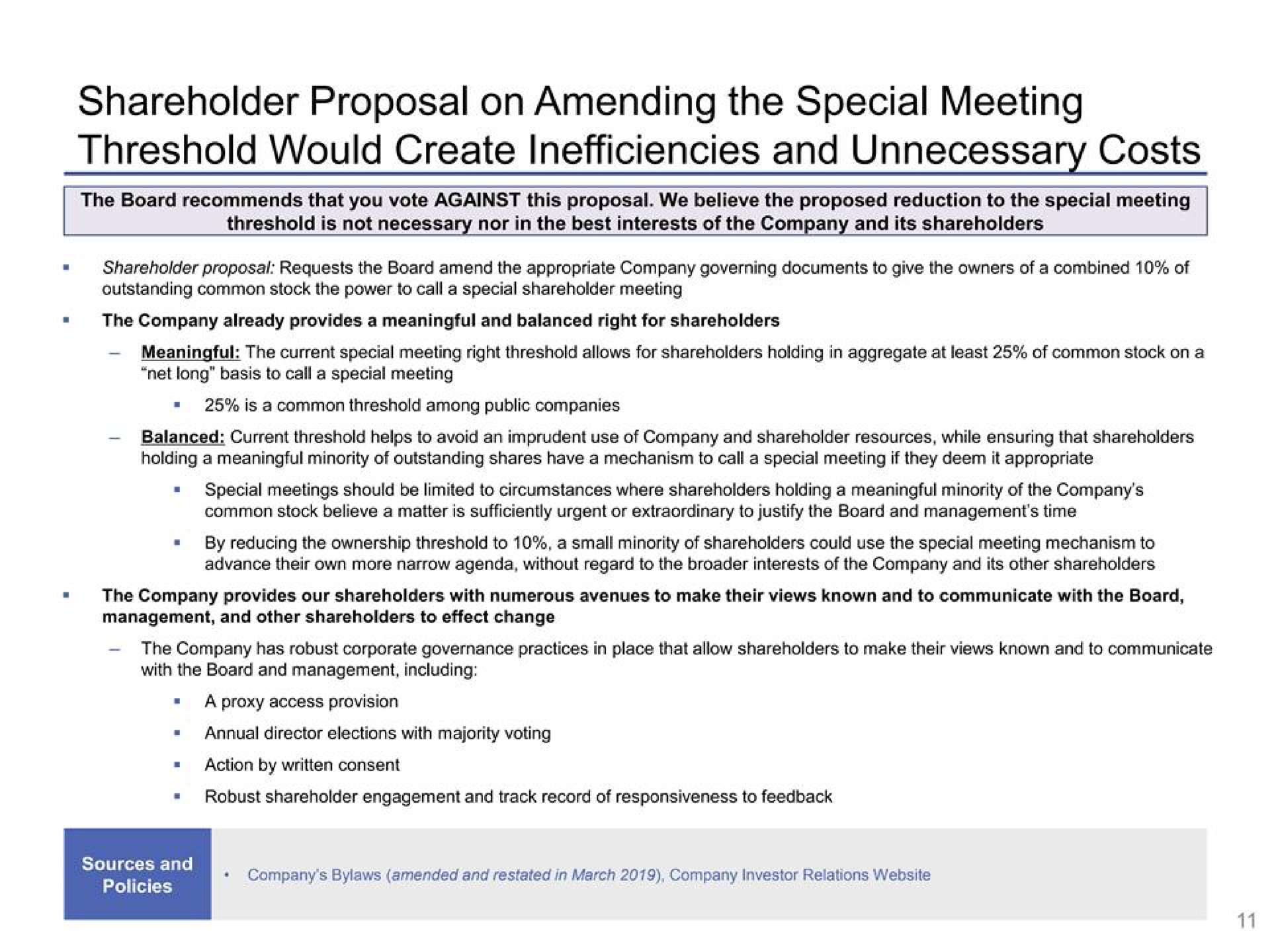 shareholder proposal on amending the special meeting threshold would create inefficiencies and unnecessary costs | Disney