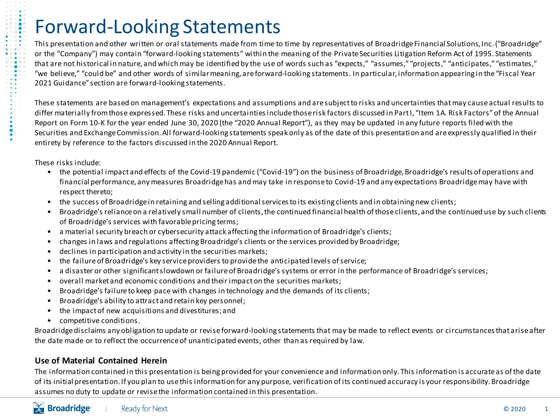 forward looking statements | Broadridge Financial Solutions