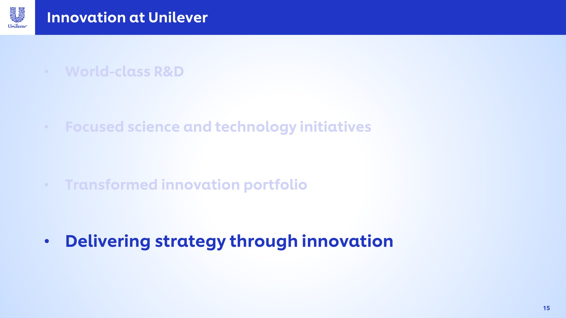 innovation at world class focused science and technology initiatives transformed innovation portfolio delivering strategy through innovation | Unilever