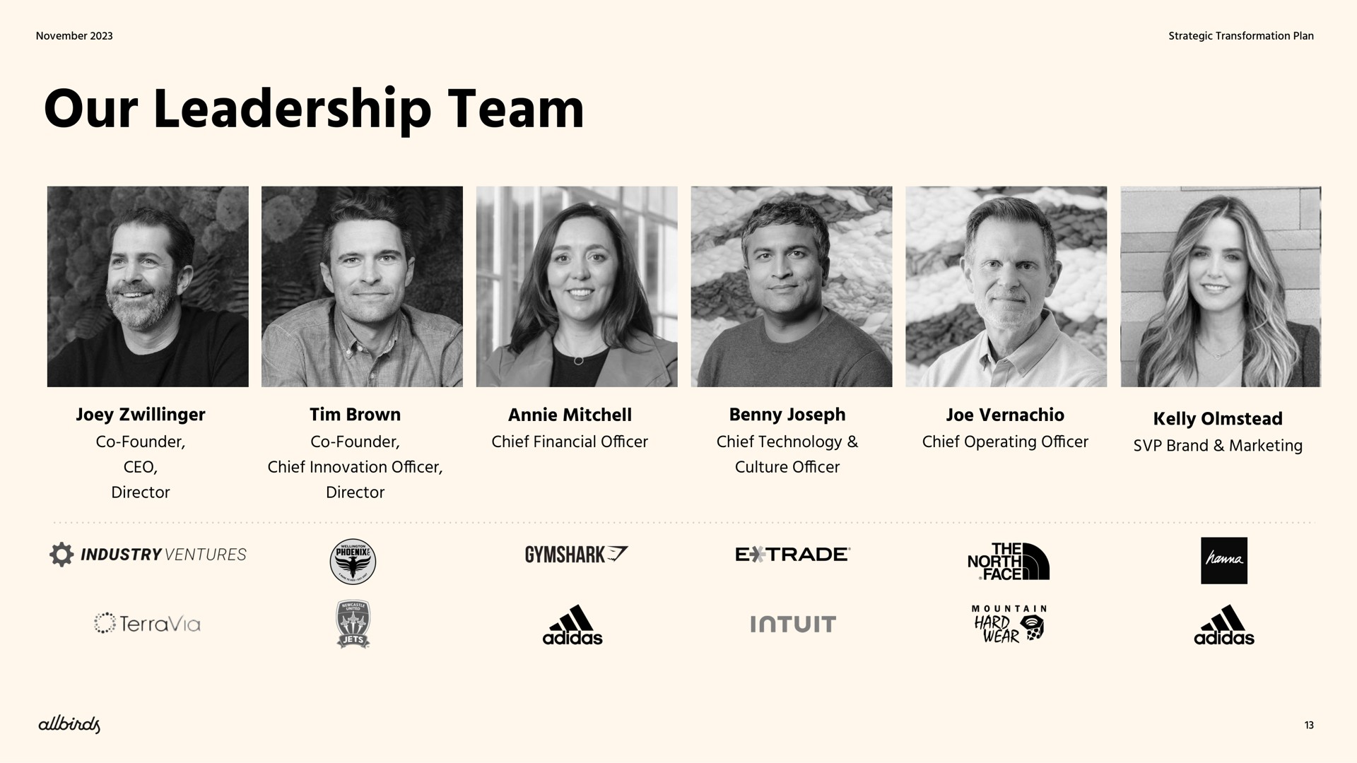 our team is energized and focused on reigniting our growth our leadership team joey founder director brown founder chief innovation officer director chief financial officer benny chief technology culture officer joe chief operating officer kelly brand marketing industry ventures trade i a north face ear a | Allbirds