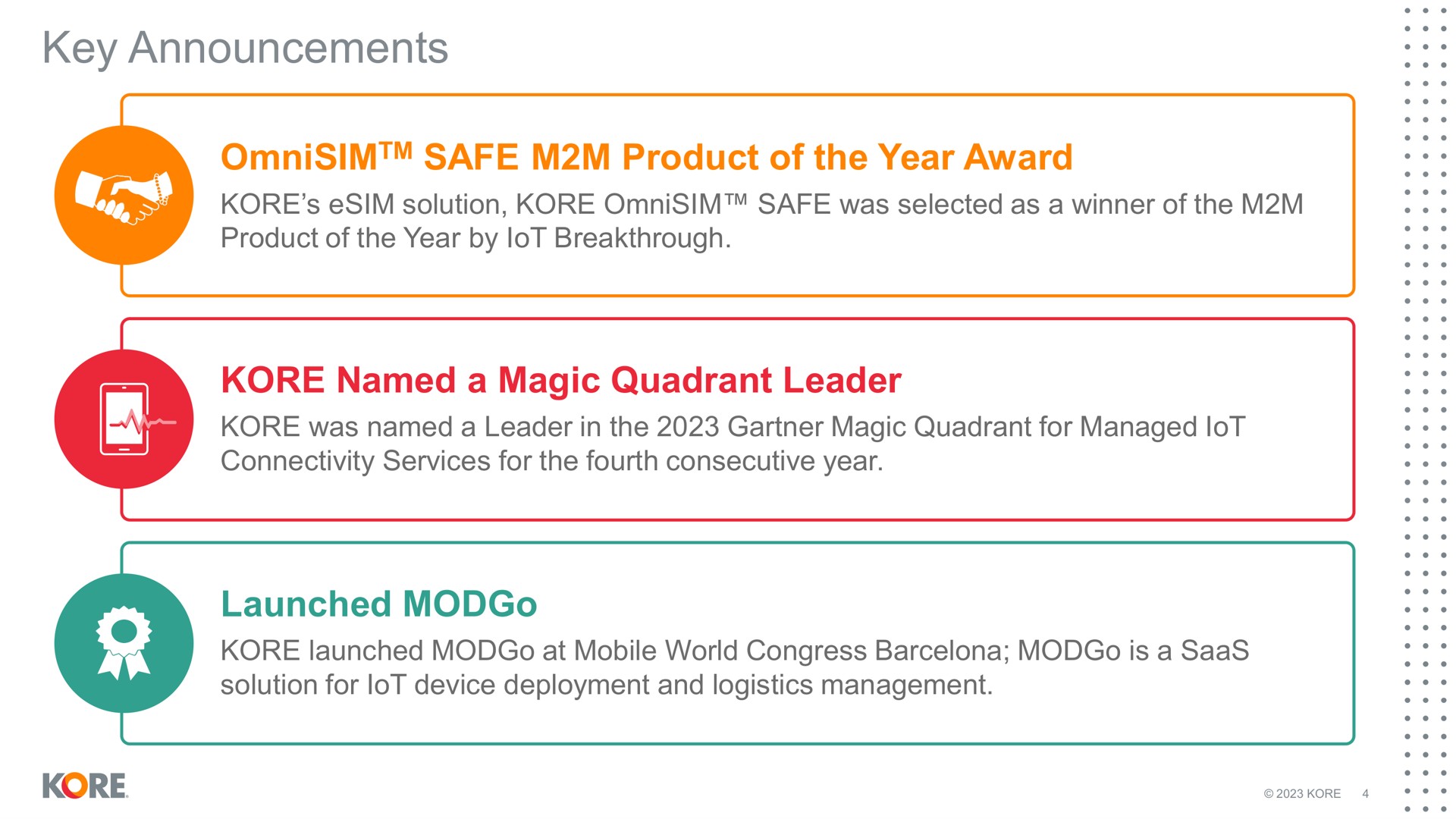 key announcements safe product of the year award kore named a magic quadrant leader launched by lot breakthrough was in for managed lot connectivity services for fourth consecutive at mobile world congress barcelona is | Kore