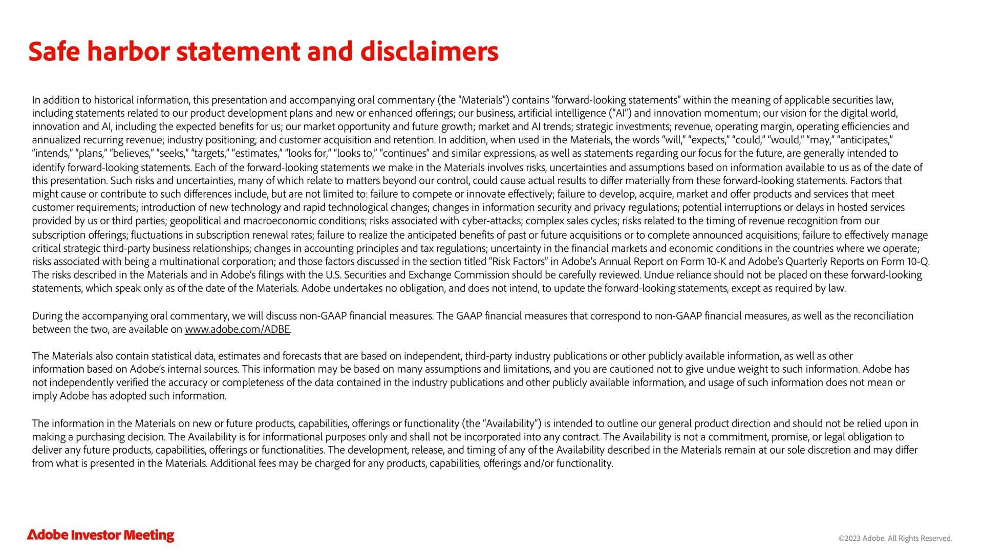 safe harbor statement and disclaimers | Adobe
