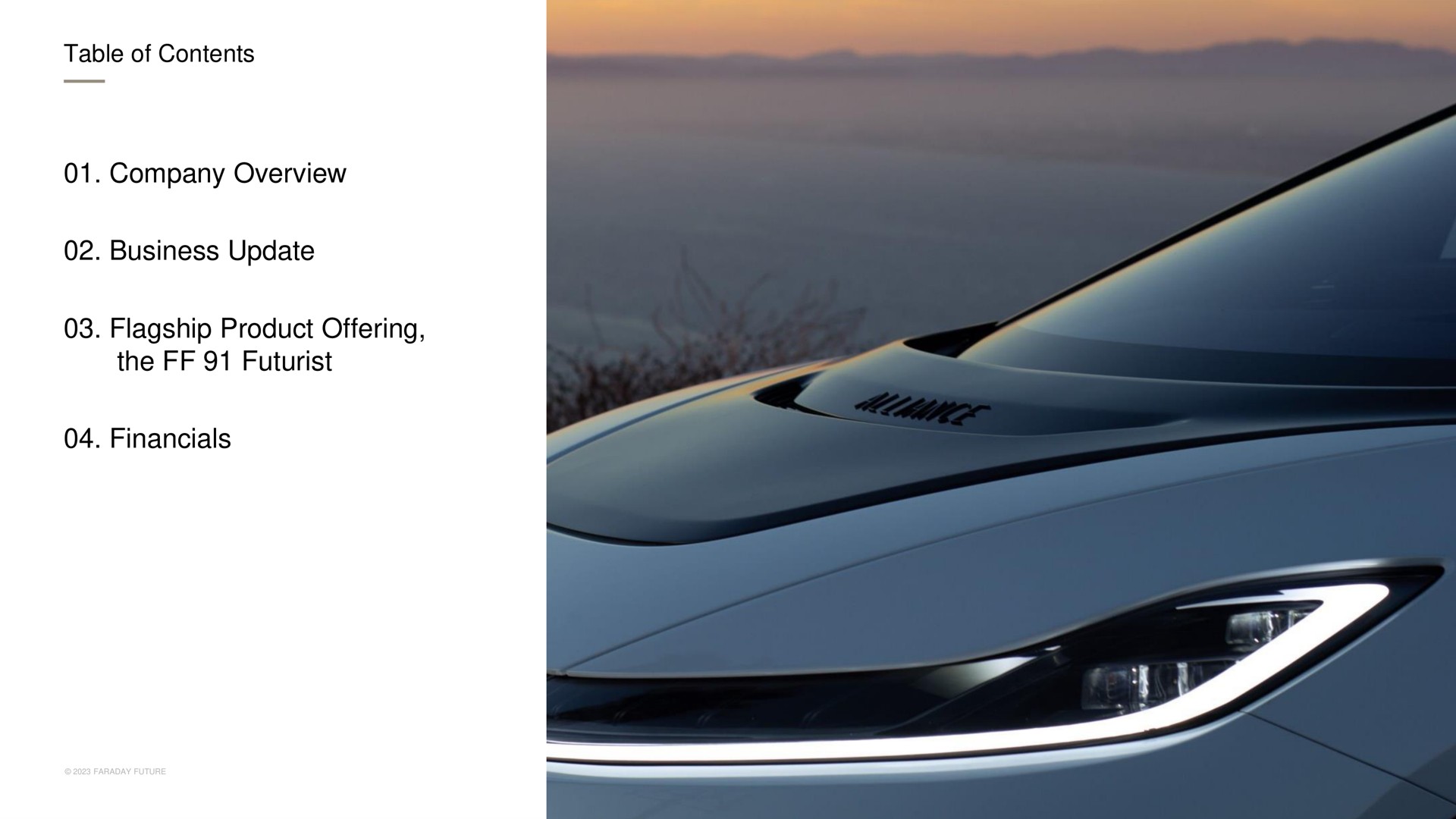 table of contents company overview business update flagship product offering the futurist | Faraday Future