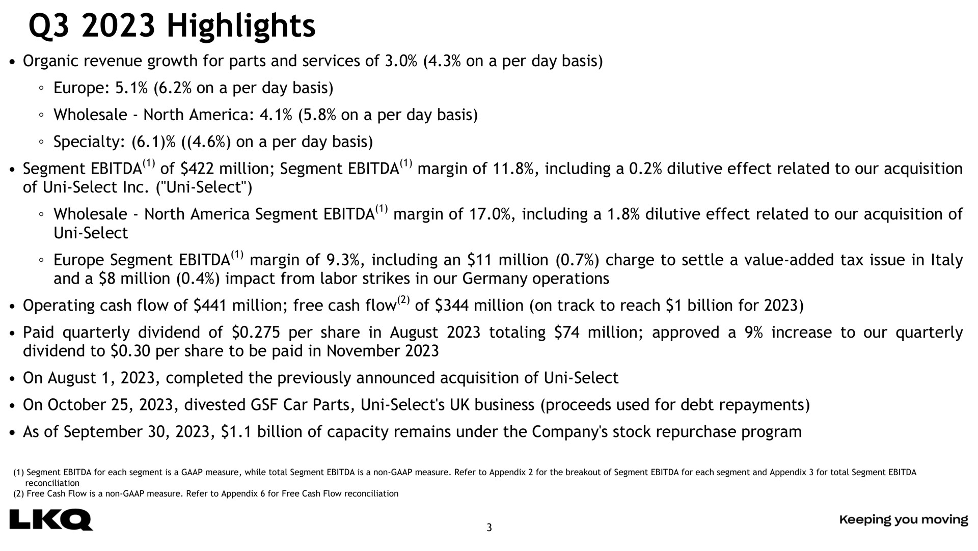 highlights segment of million segment margin of including a dilutive effect related to our acquisition | LKQ