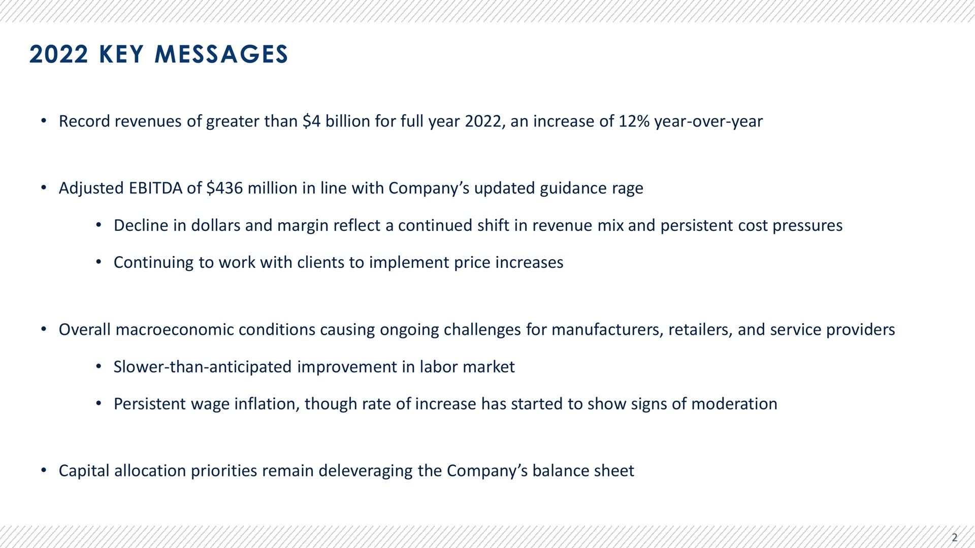 key messages record revenues of greater than billion for full year an increase of year over year adjusted of million in line with company updated guidance rage decline in dollars and margin reflect a continued shift in revenue mix and persistent cost pressures continuing to work with clients to implement price increases overall conditions causing ongoing challenges for manufacturers retailers and service providers than anticipated improvement in labor market persistent wage inflation though rate of increase has started to show signs of moderation capital allocation priorities remain the company balance sheet | Advantage Solutions