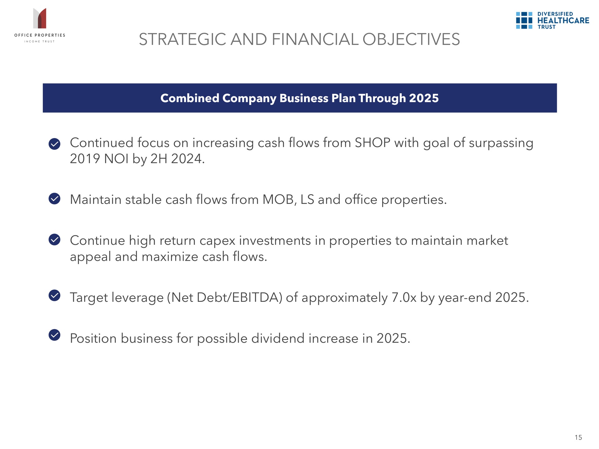 strategic and financial objectives continued focus on increasing cash flows from shop with goal of surpassing by maintain stable cash flows from mob and office properties continue high return investments in properties to maintain market appeal and maximize cash flows target leverage net debt of approximately by year end position business for possible dividend increase in veers a | Office Properties Income Trust