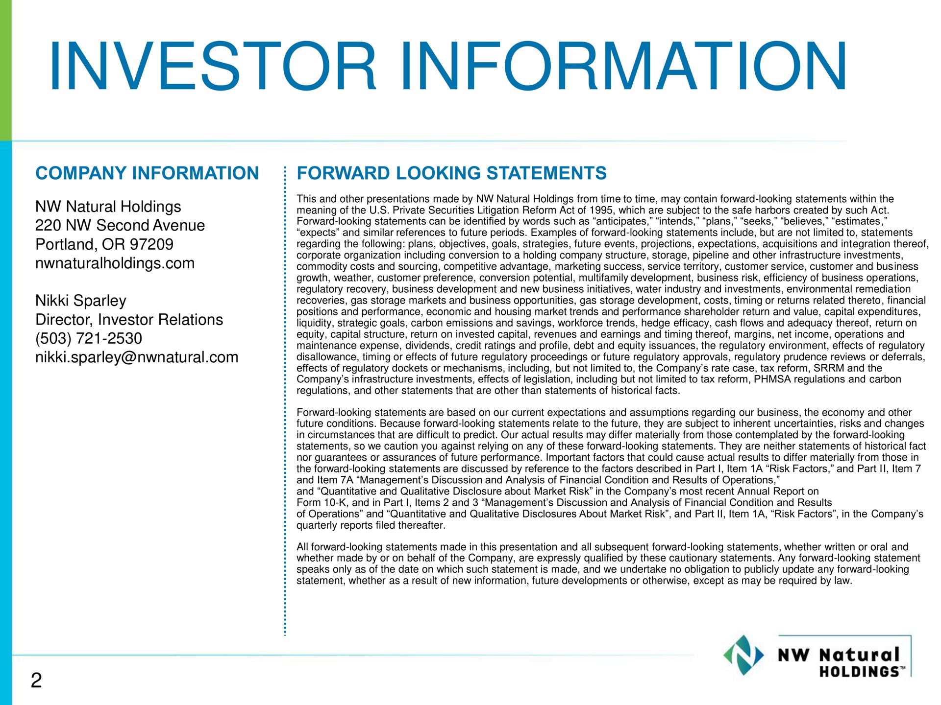 investor information | NW Natural Holdings
