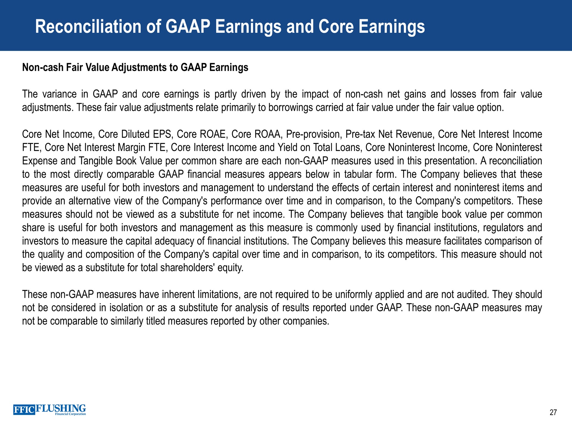 reconciliation of earnings and core earnings ate | Flushing Financial