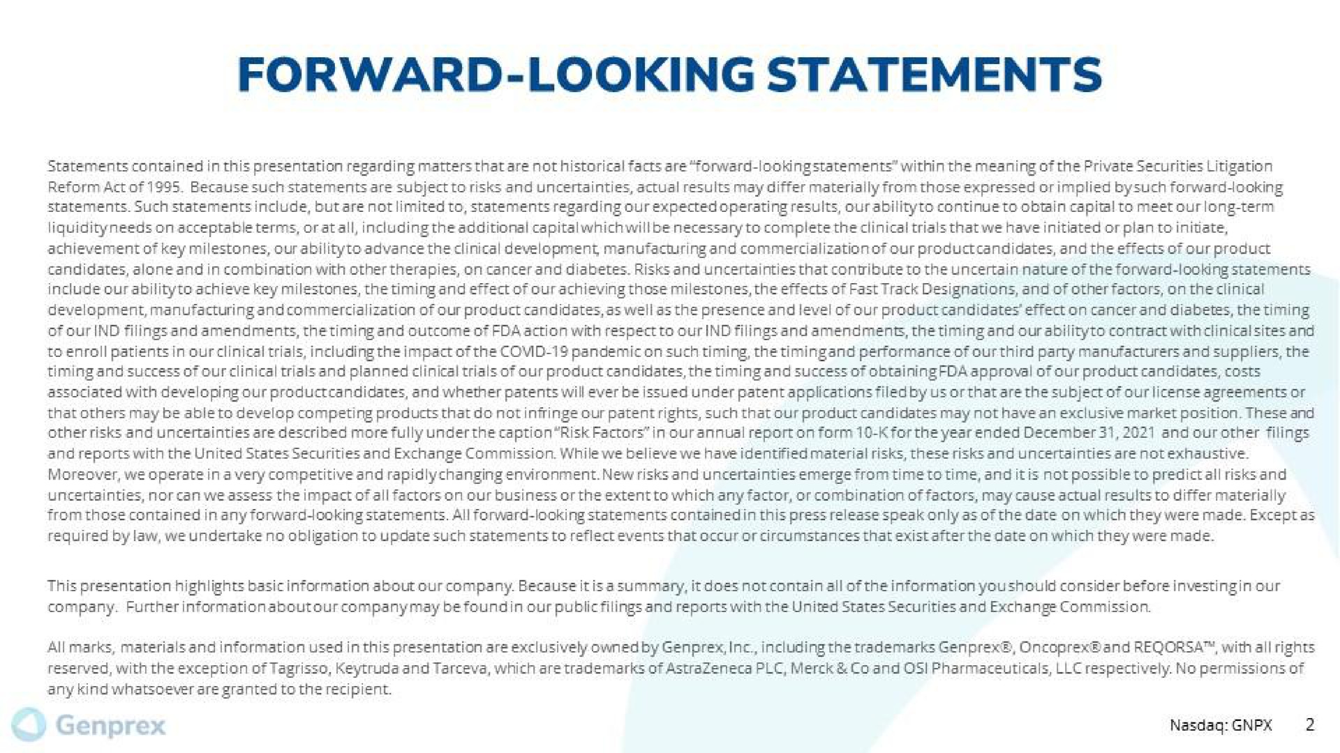 forward looking statements | Genprex