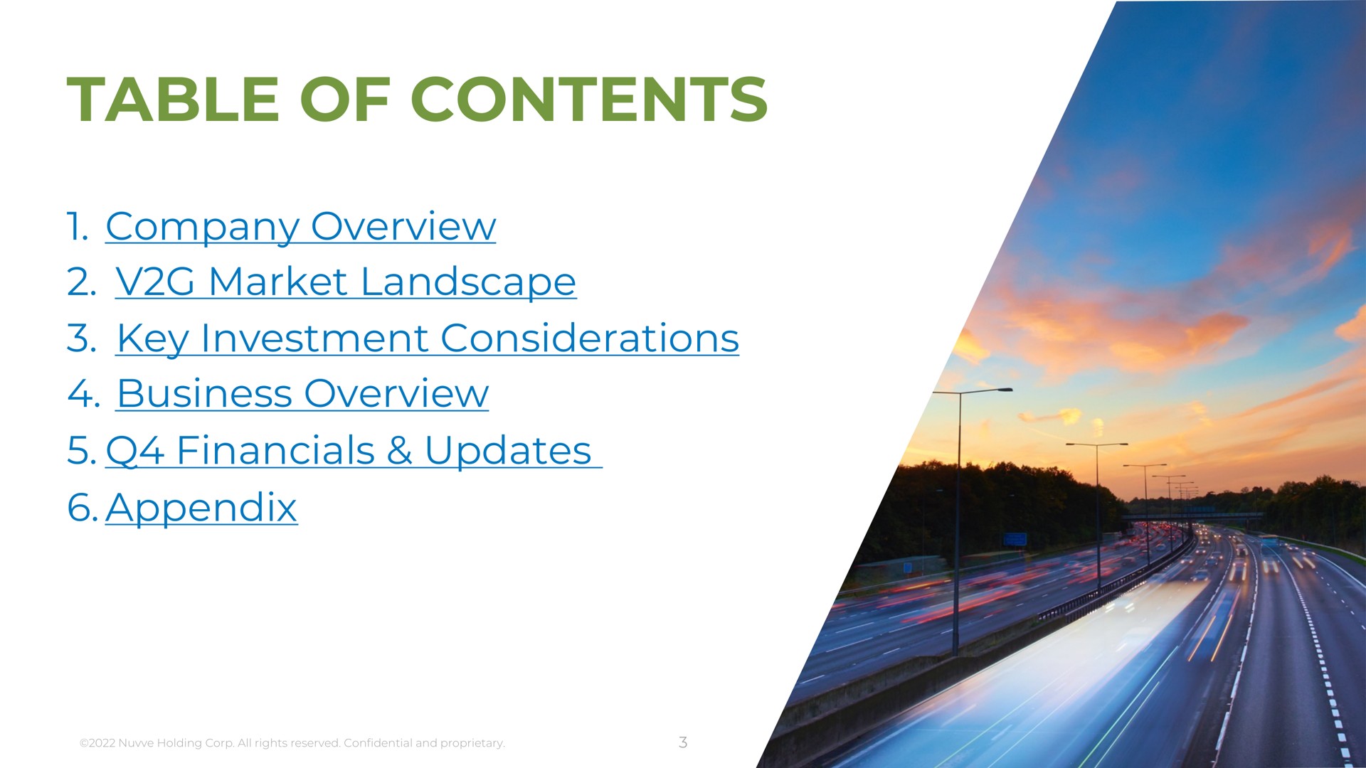 table of contents company overview market landscape key investment considerations business overview updates appendix | Nuvve