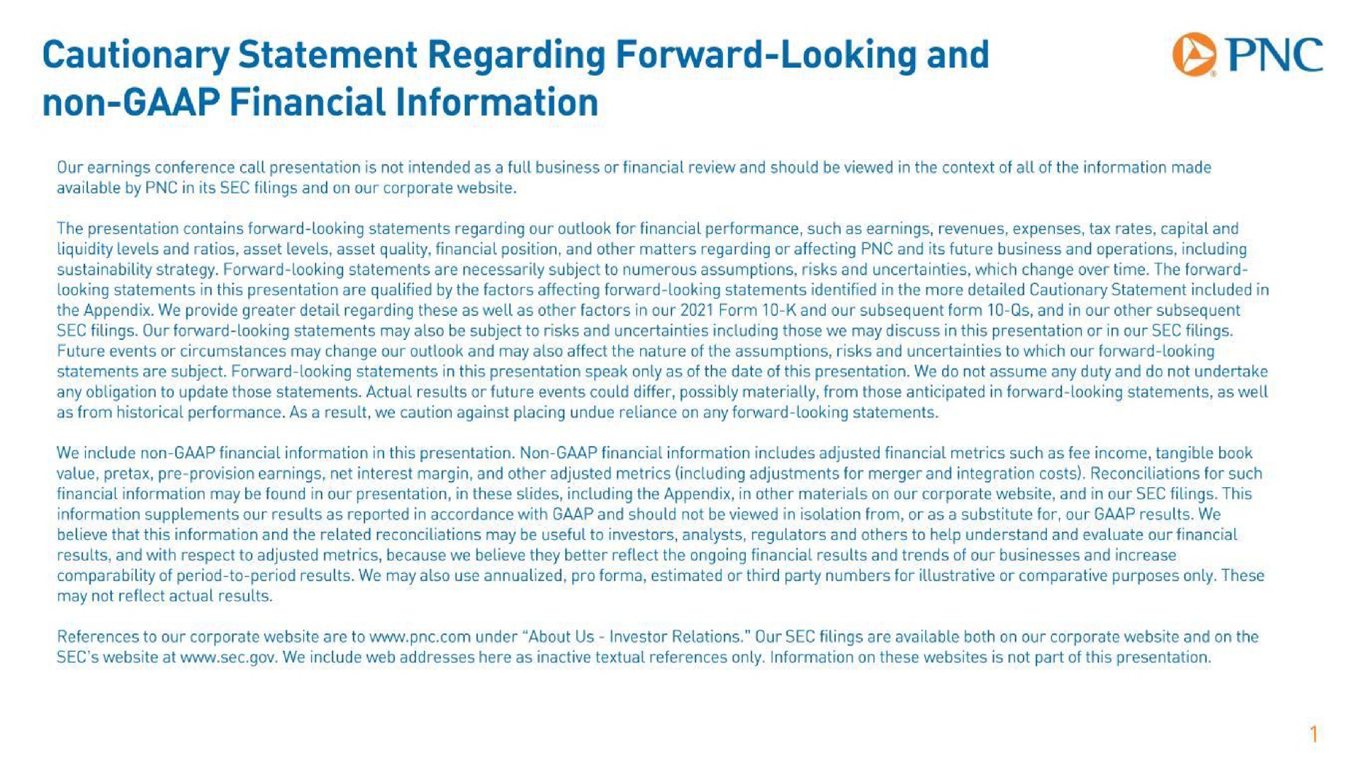 cautionary statement regarding forward looking and non financial information | PNC Financial Services Group
