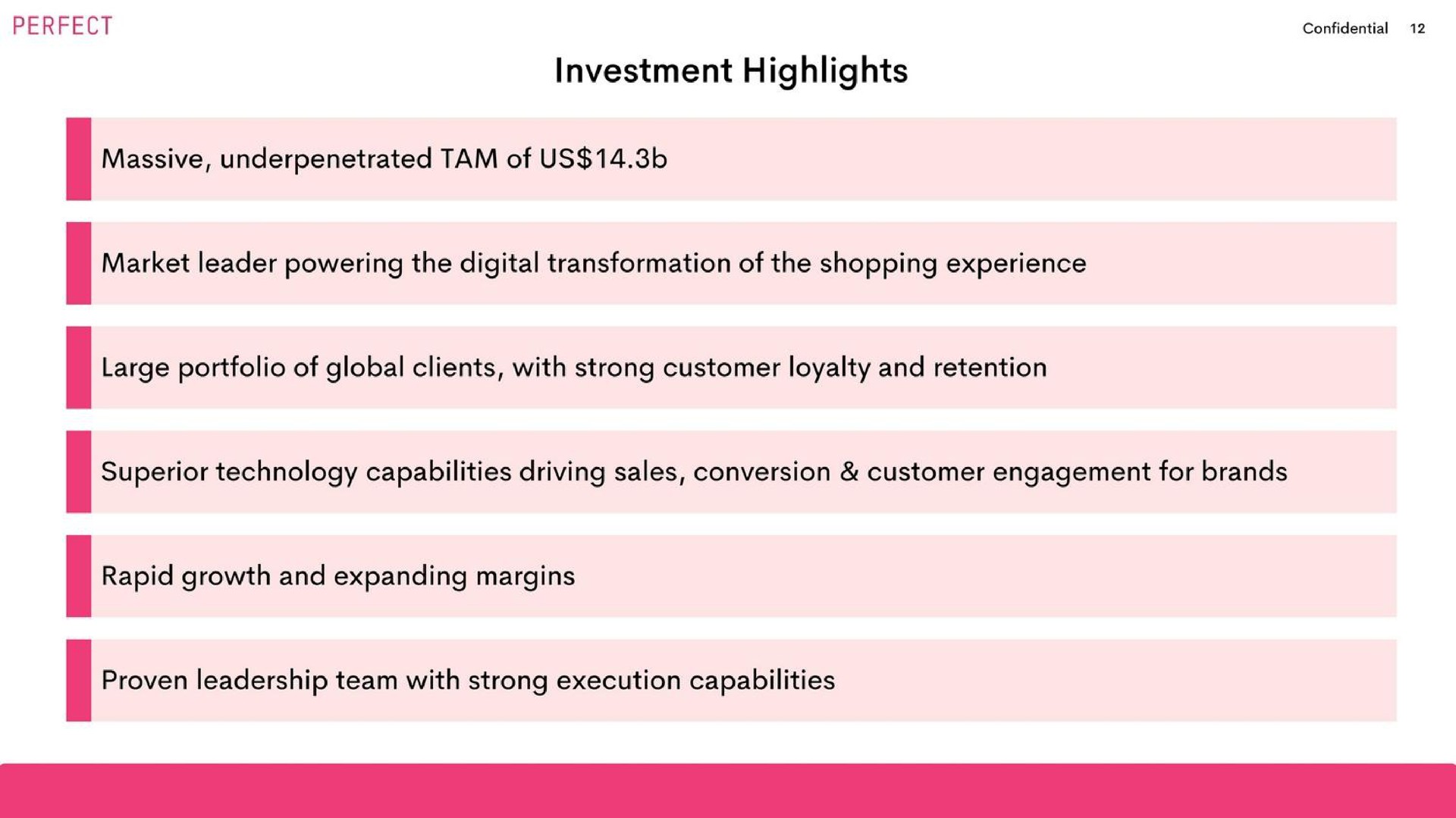 investment highlights massive tam of us market leader powering the digital transformation of the shopping experience large portfolio of global clients with strong customer loyalty and retention superior technology capabilities driving sales conversion customer engagement for brands rapid growth and expanding margins proven leadership team with strong execution capabilities | Perfect