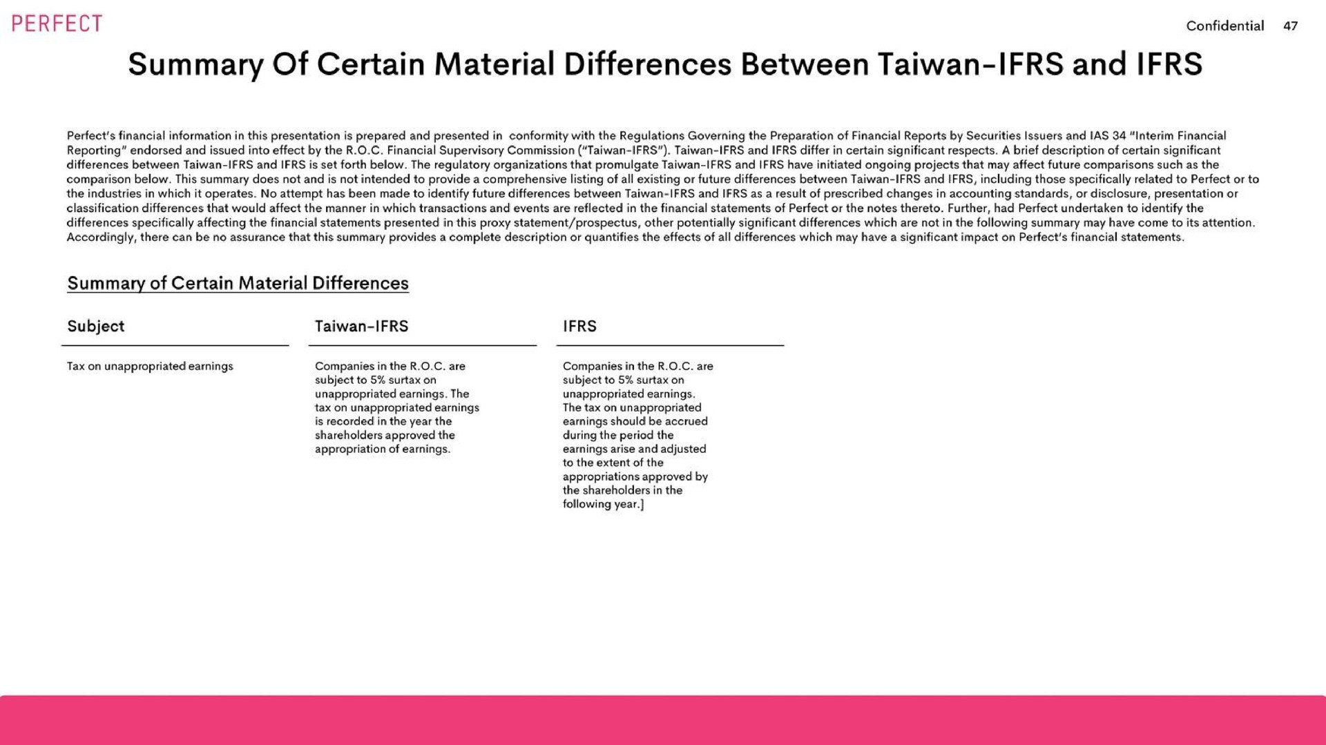 summary of certain material differences between and | Perfect