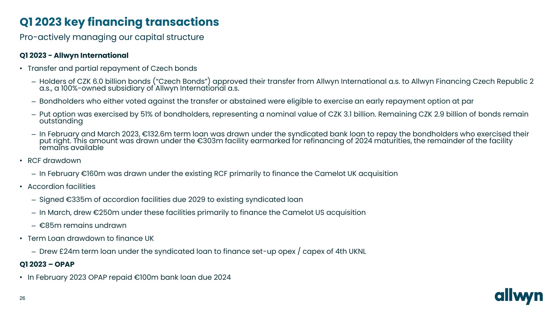 key financing transactions pro actively managing our capital structure | Allwyn