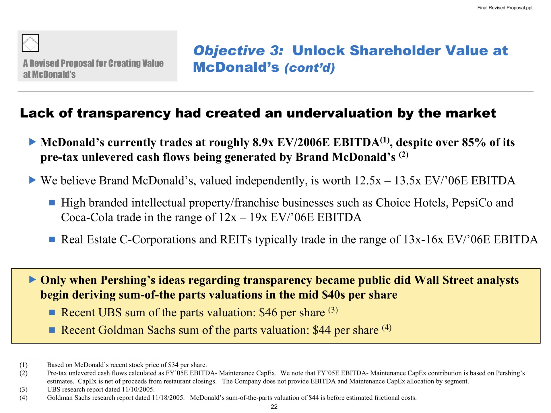 objective unlock shareholder value at lack of transparency had created an undervaluation by the market currently trades at roughly despite over of its tax cash flows being generated by brand we believe brand valued independently is worth high branded intellectual property franchise businesses such as choice hotels and coca cola trade in the range of real estate corporations and reits typically trade in the range of only when ideas regarding transparency became public did wall street analysts begin deriving sum of the parts valuations in the mid per share recent sum of the parts valuation per share recent sum of the parts valuation per share a | Pershing Square