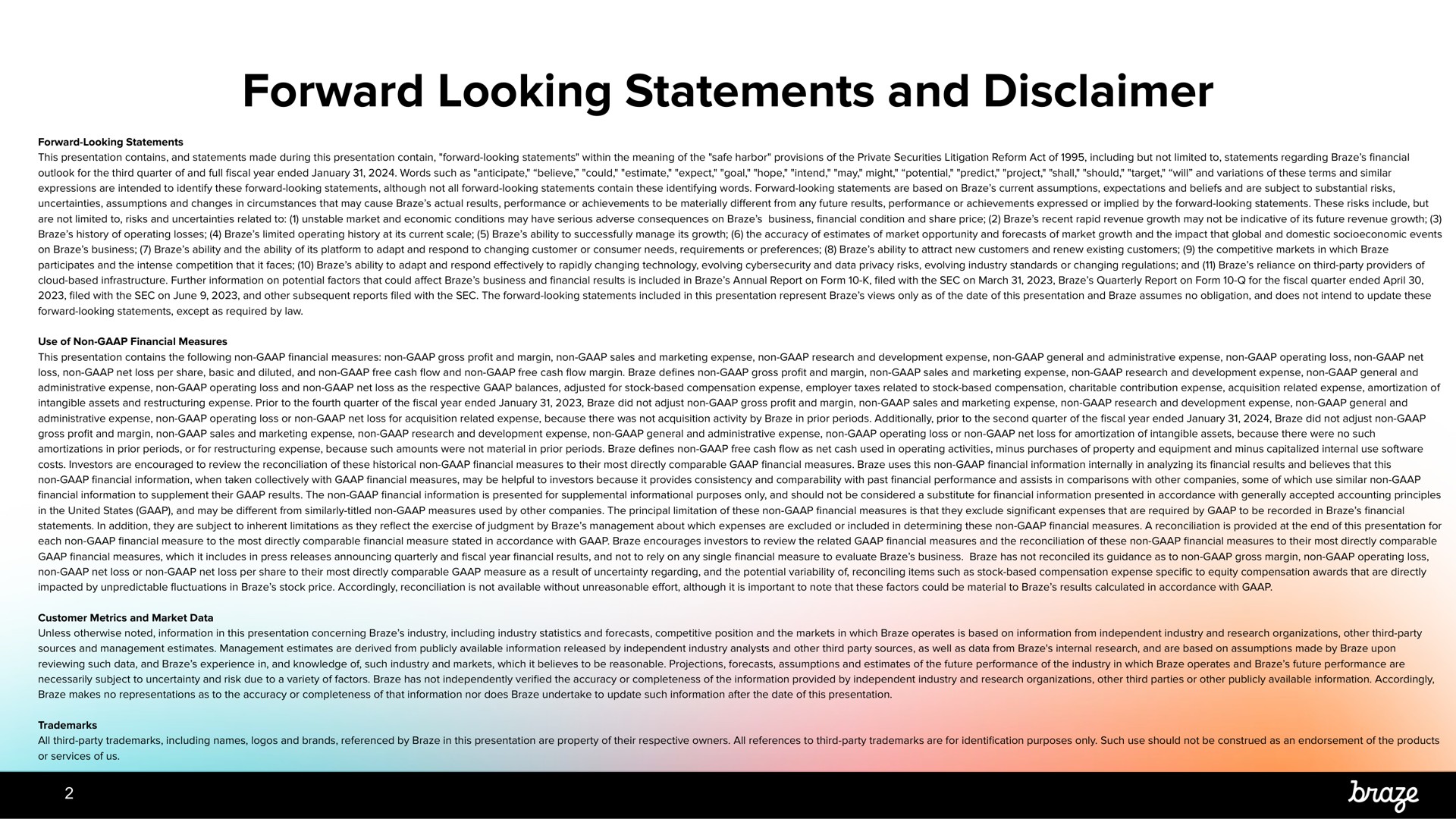 forward looking statements and disclaimer | Braze