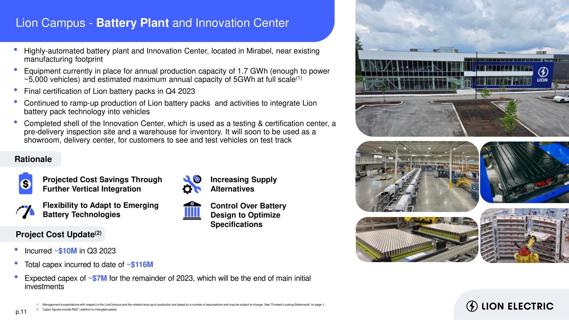 lion campus battery plant and innovation center vehicles estimated maximum annual capacity of at full scale project cost update control over electric | Lion Electric