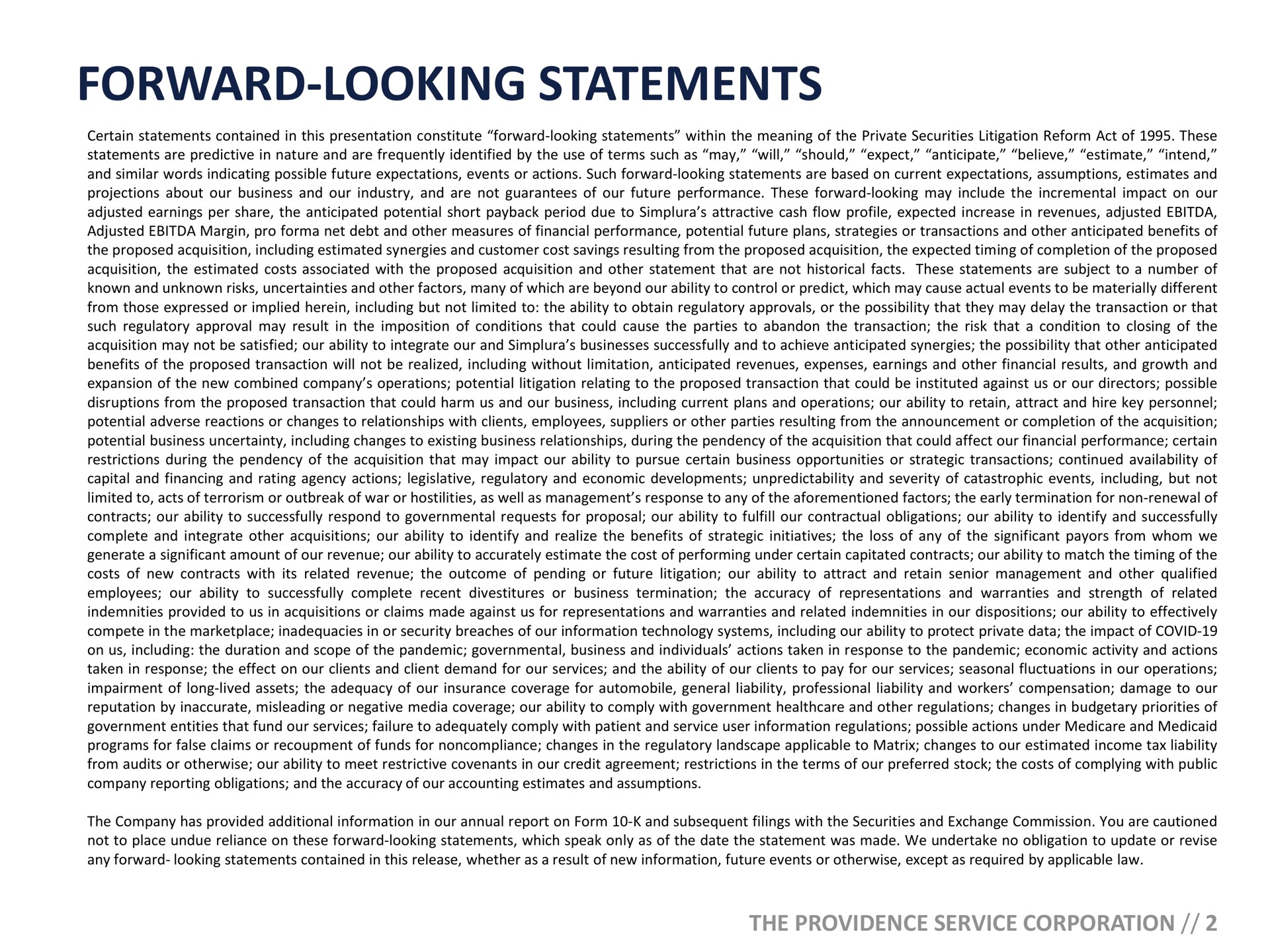 forward looking statements | ModivCare