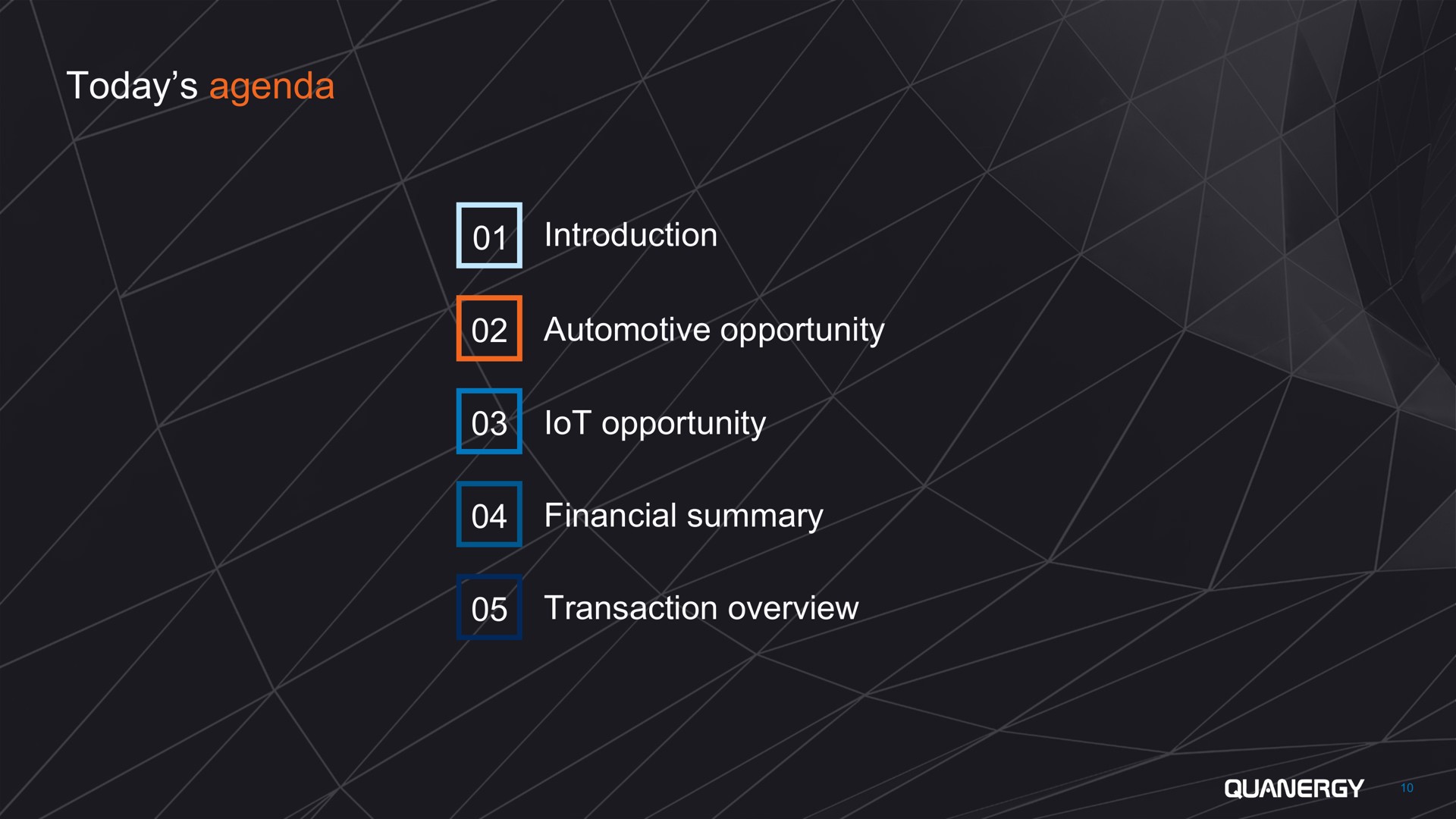 today agenda introduction automotive opportunity opportunity financial summary transaction overview lot | Quanergy