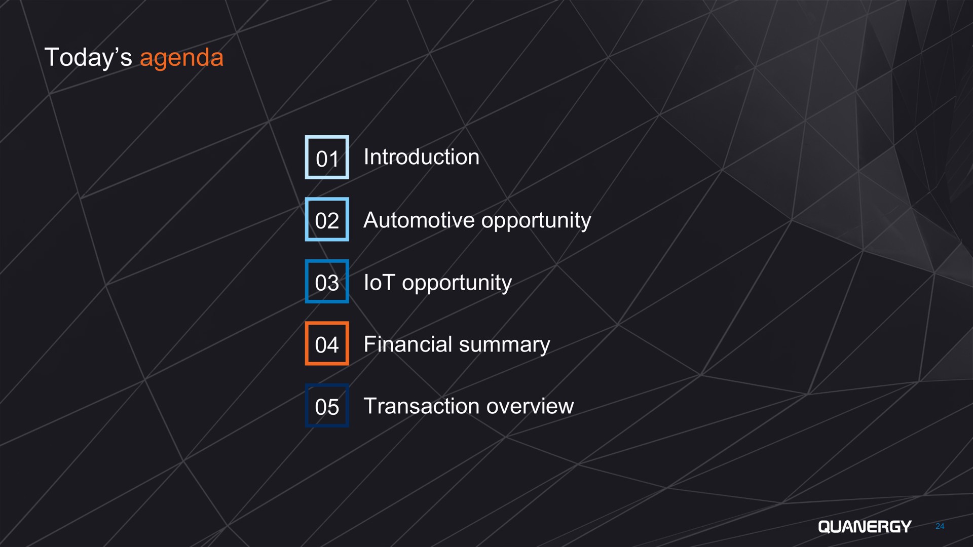 today agenda introduction automotive opportunity opportunity financial summary transaction overview lot | Quanergy