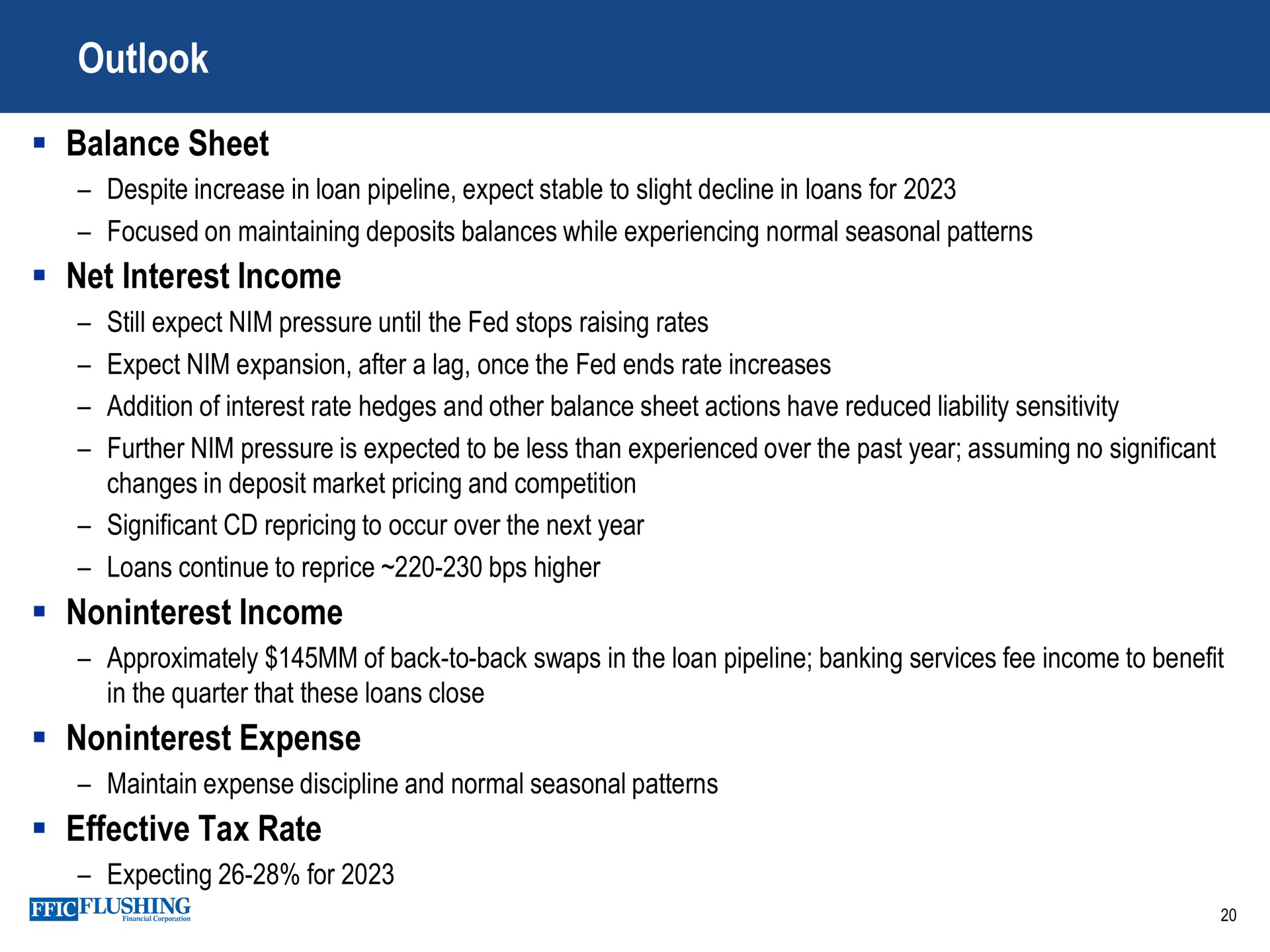 outlook balance sheet net interest income income expense effective tax rate | Flushing Financial