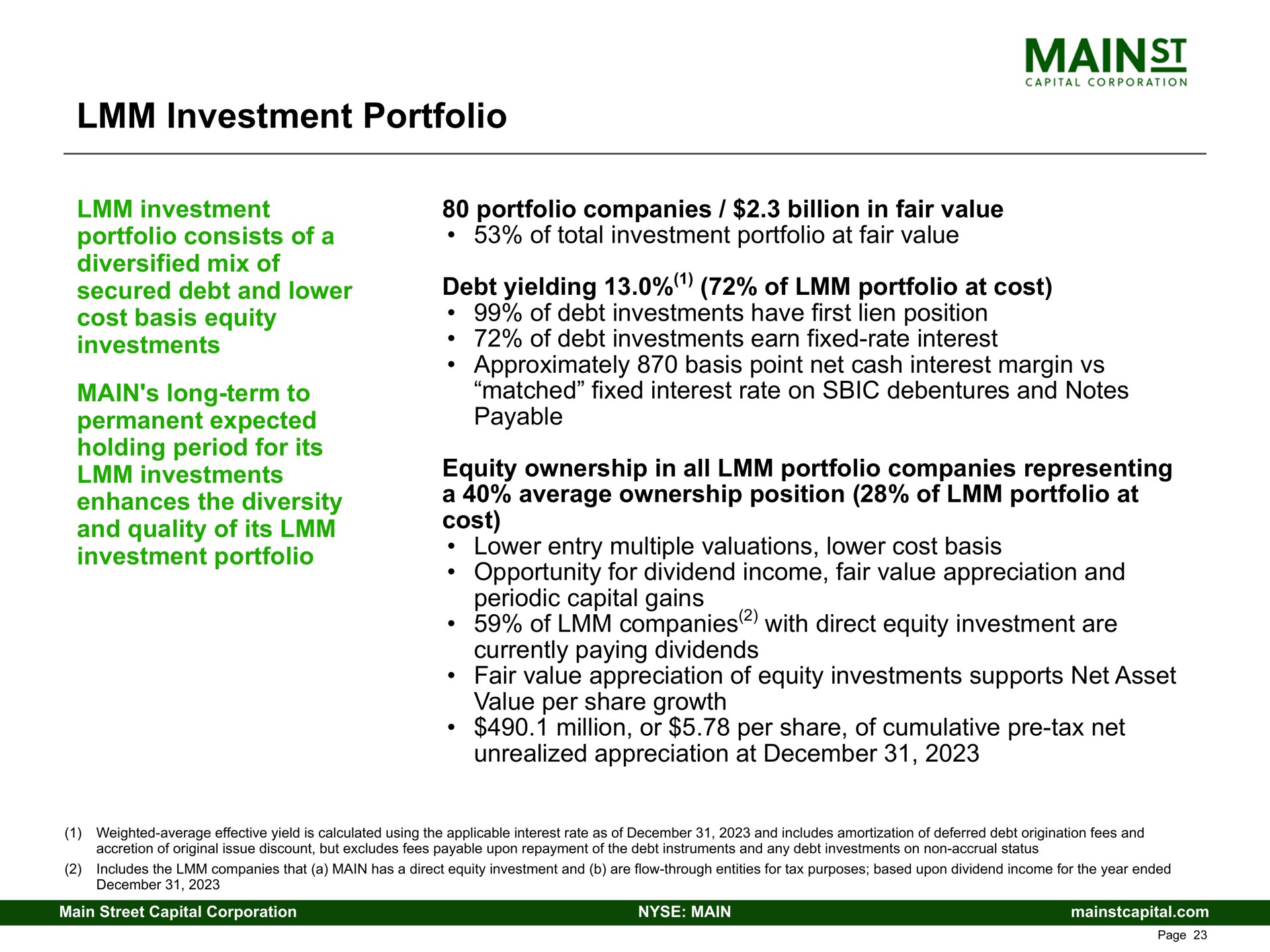 investment portfolio secured debt and lower permanent expected and quality of its debt yielding of at cost payable cost of companies with direct equity are | Main Street Capital
