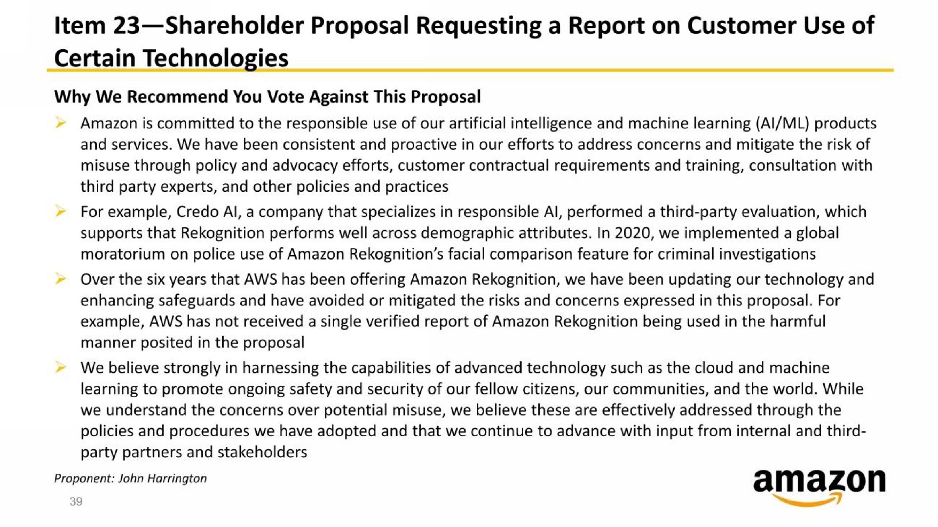 item shareholder proposal requesting a report on customer use of certain technologies | Amazon