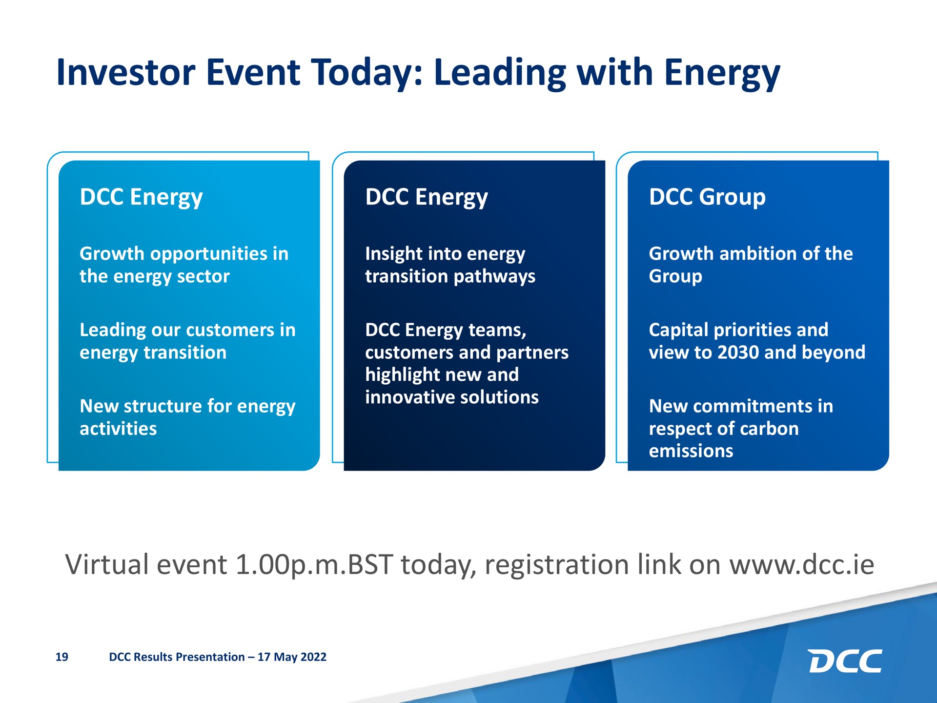 investor event today leading with energy virtual event today registration link on | DCC