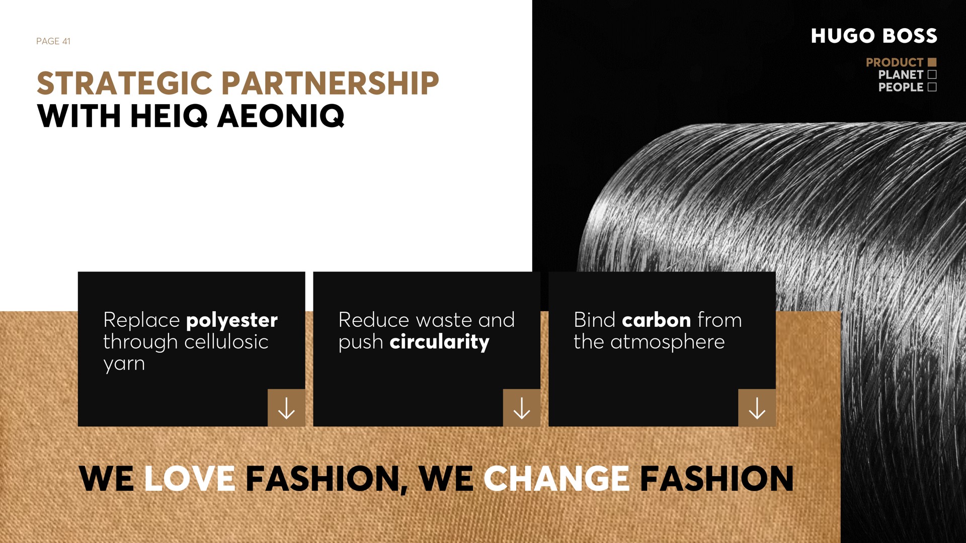 page strategic partnership with product planet people replace polyester through cellulosic yarn reduce waste and push circularity bind carbon from the atmosphere we love fashion we change fashion | Hugo Boss