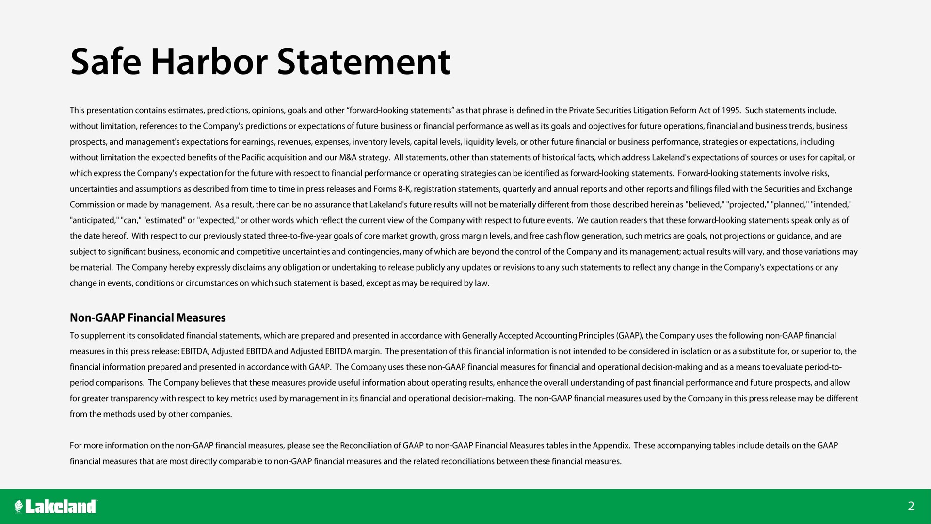safe harbor statement | Lakeland Bancorp