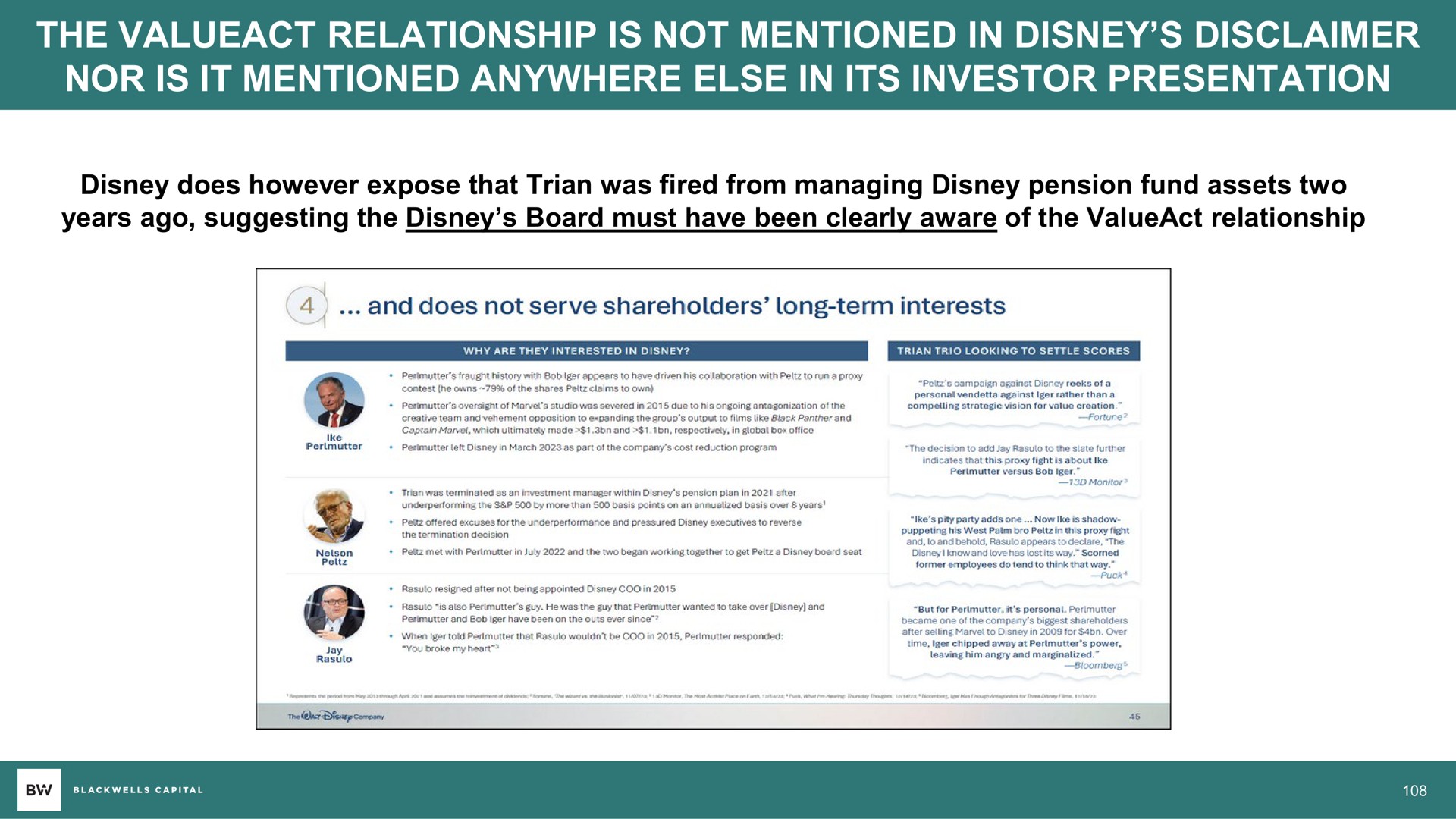 the relationship is not mentioned in disclaimer nor is it mentioned anywhere else in its investor presentation | Blackwells Capital