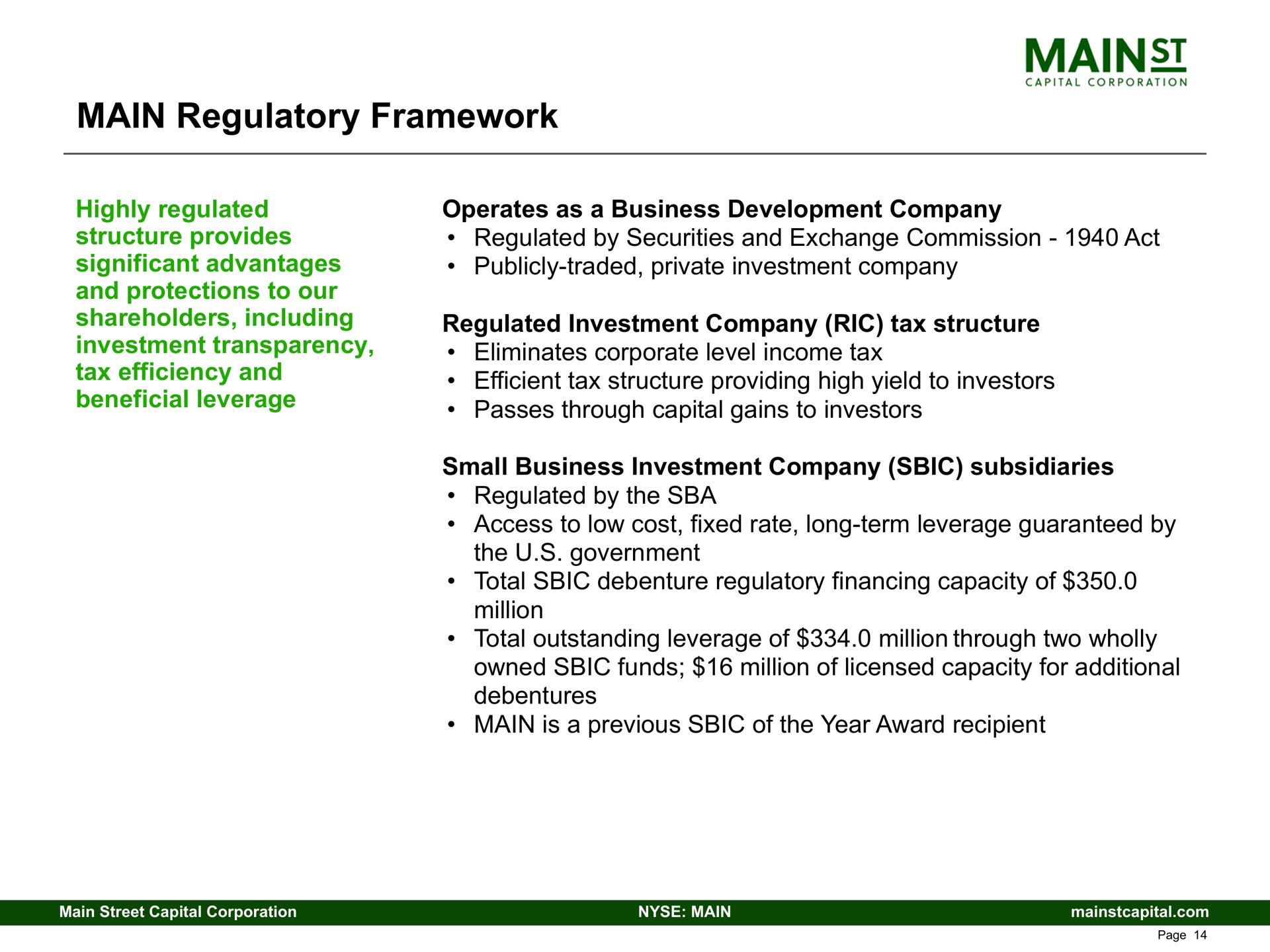 main regulatory framework | Main Street Capital