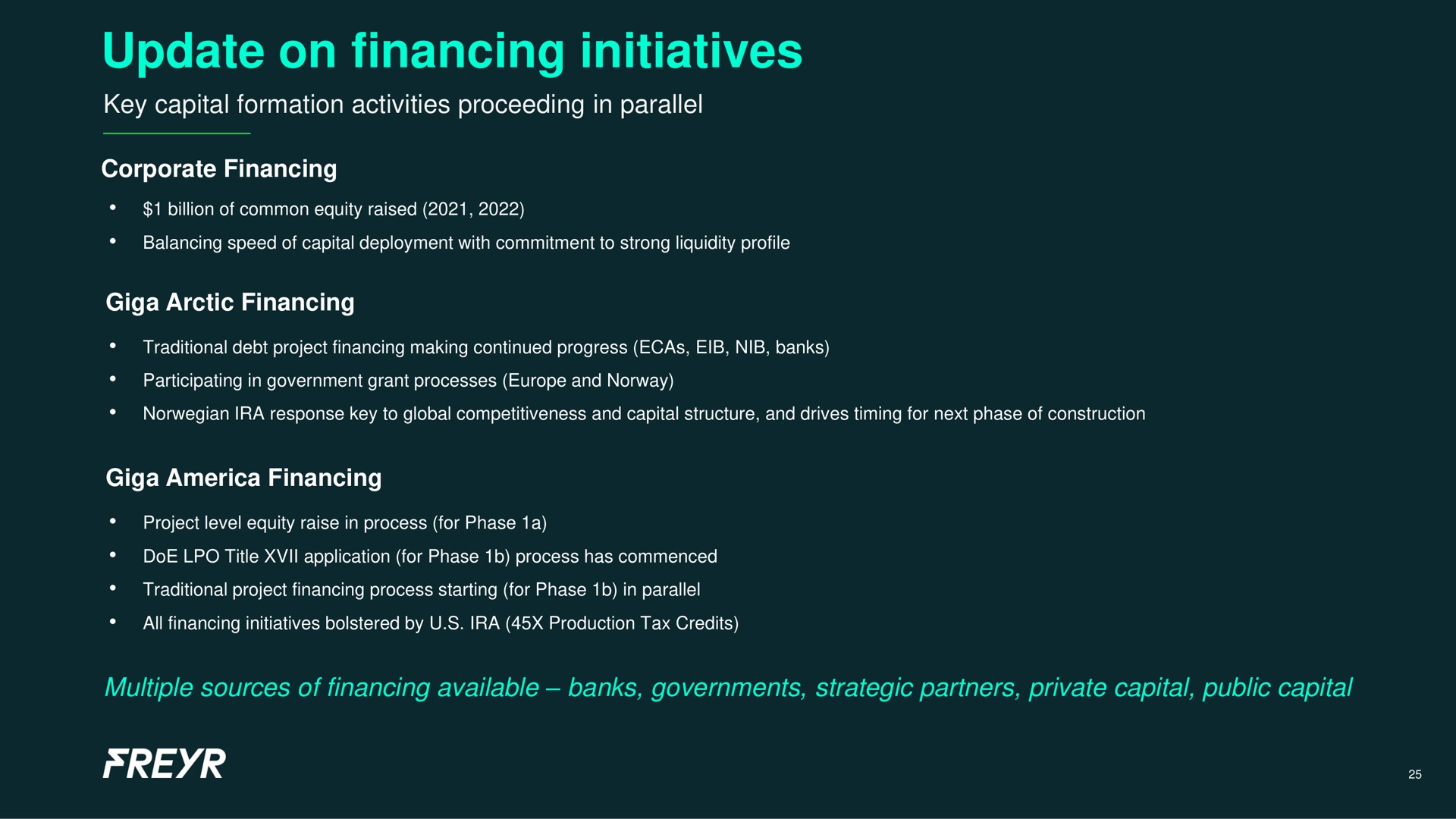 update on financing initiatives | Freyr