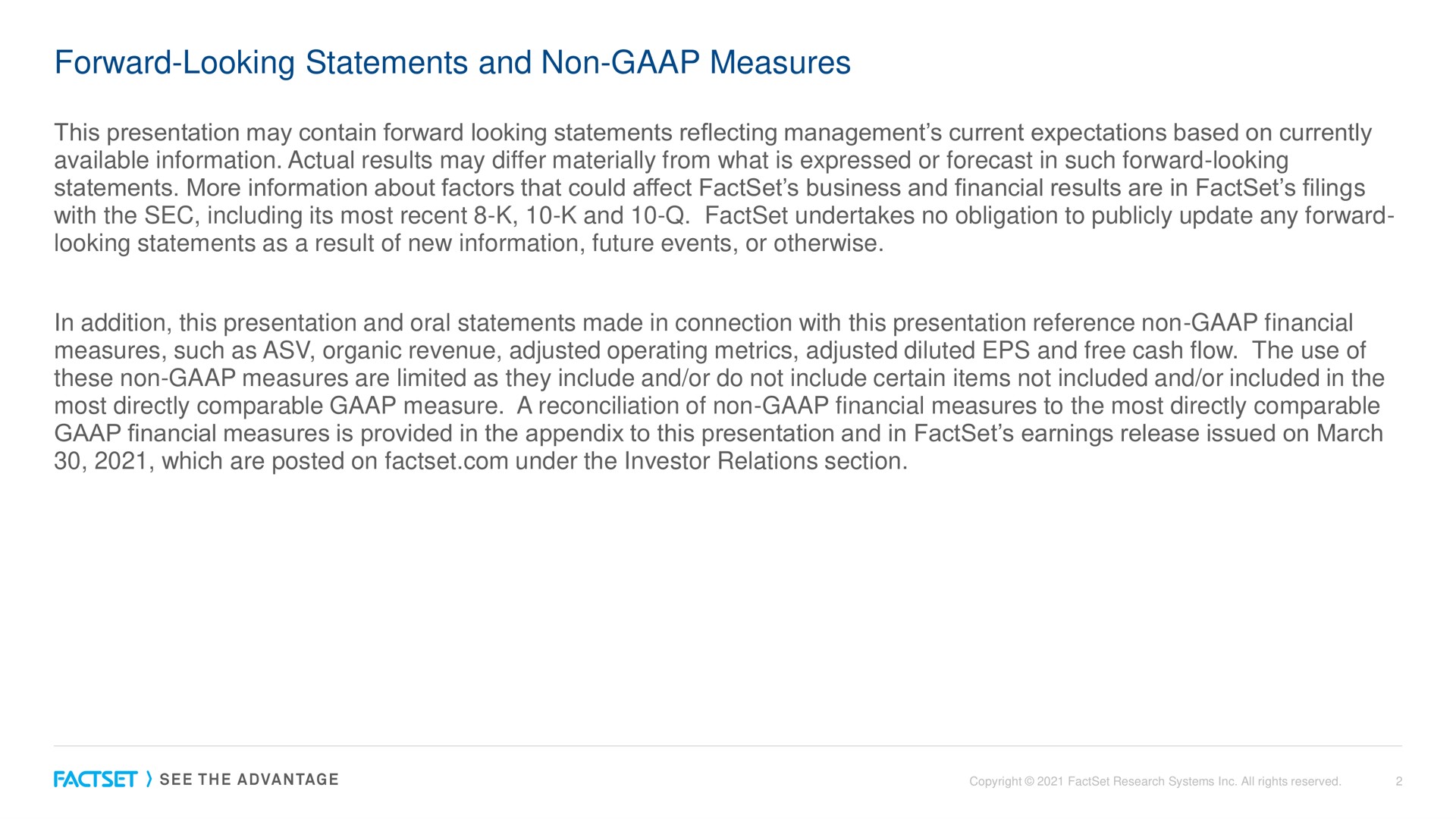 forward looking statements and non measures | Factset