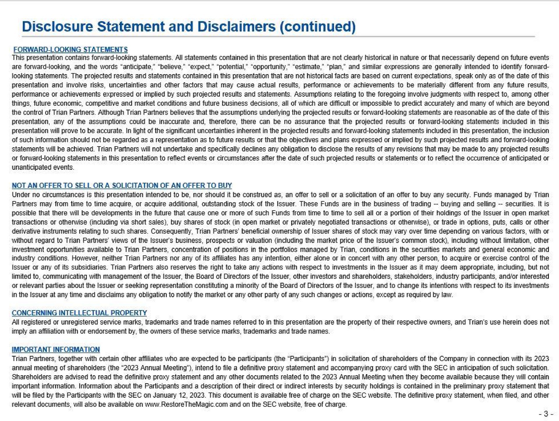 disclosure statement and disclaimers continued | Trian Partners
