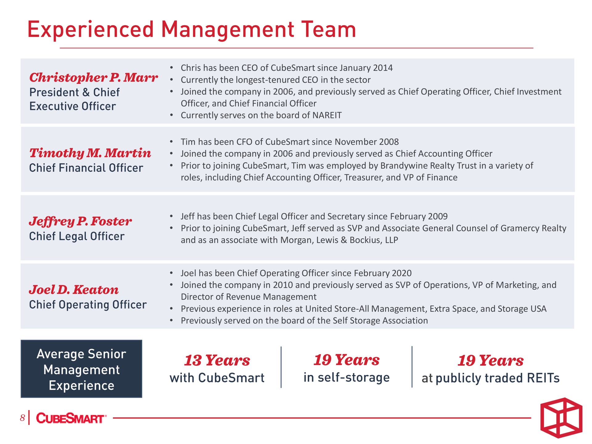 experienced management team years years years | CubeSmart