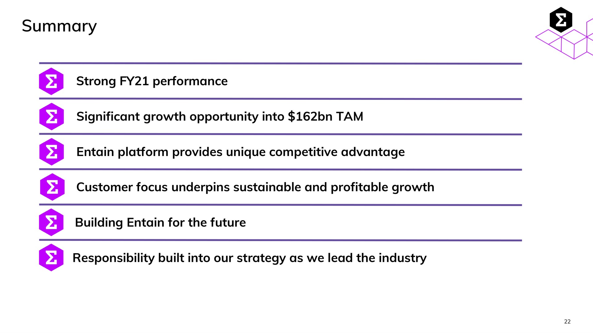 summary strong performance significant growth opportunity into tam platform provides unique competitive advantage customer focus underpins sustainable and profitable growth building for the future responsibility built into our strategy as we lead the industry | Entain Group