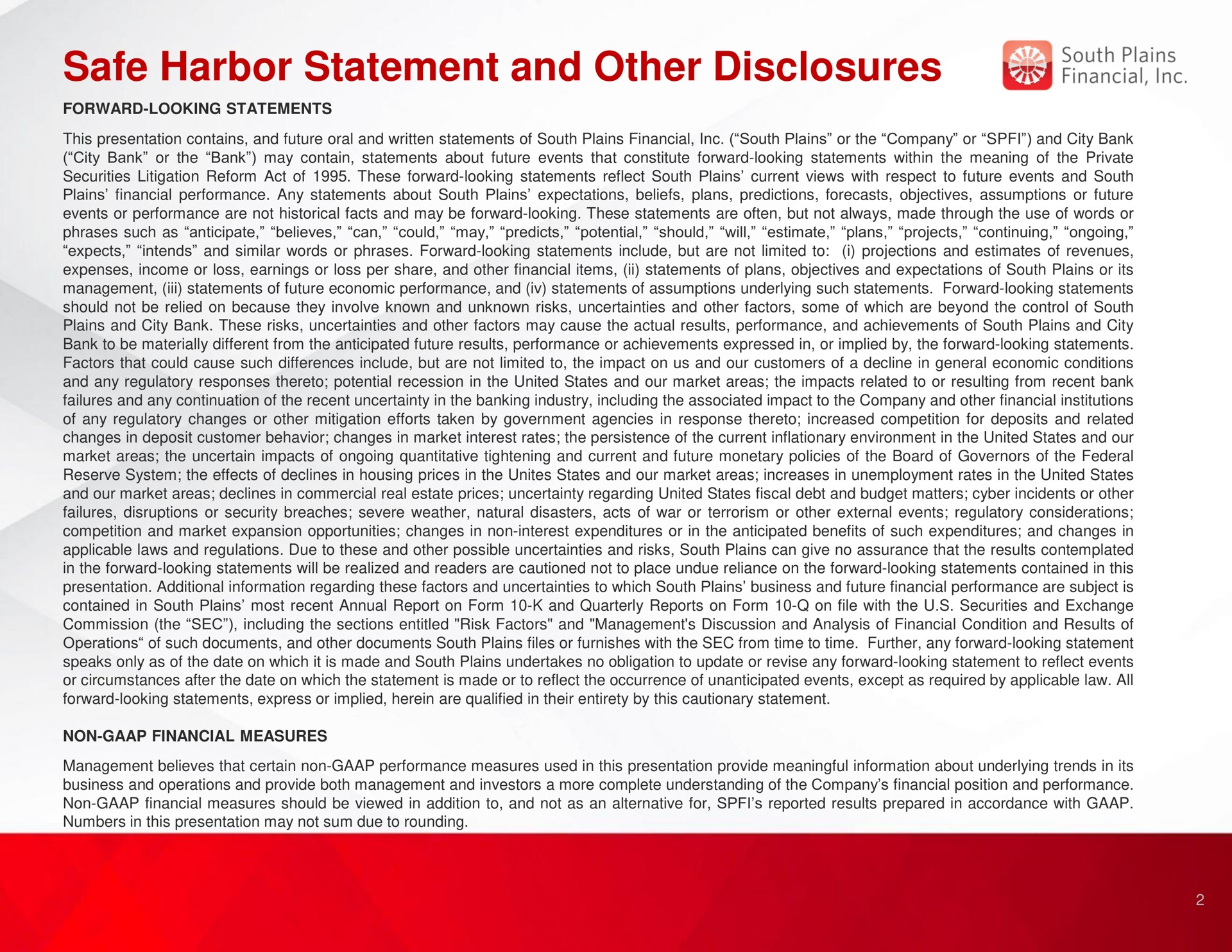 safe harbor statement and other disclosures bag | South Plains Financial