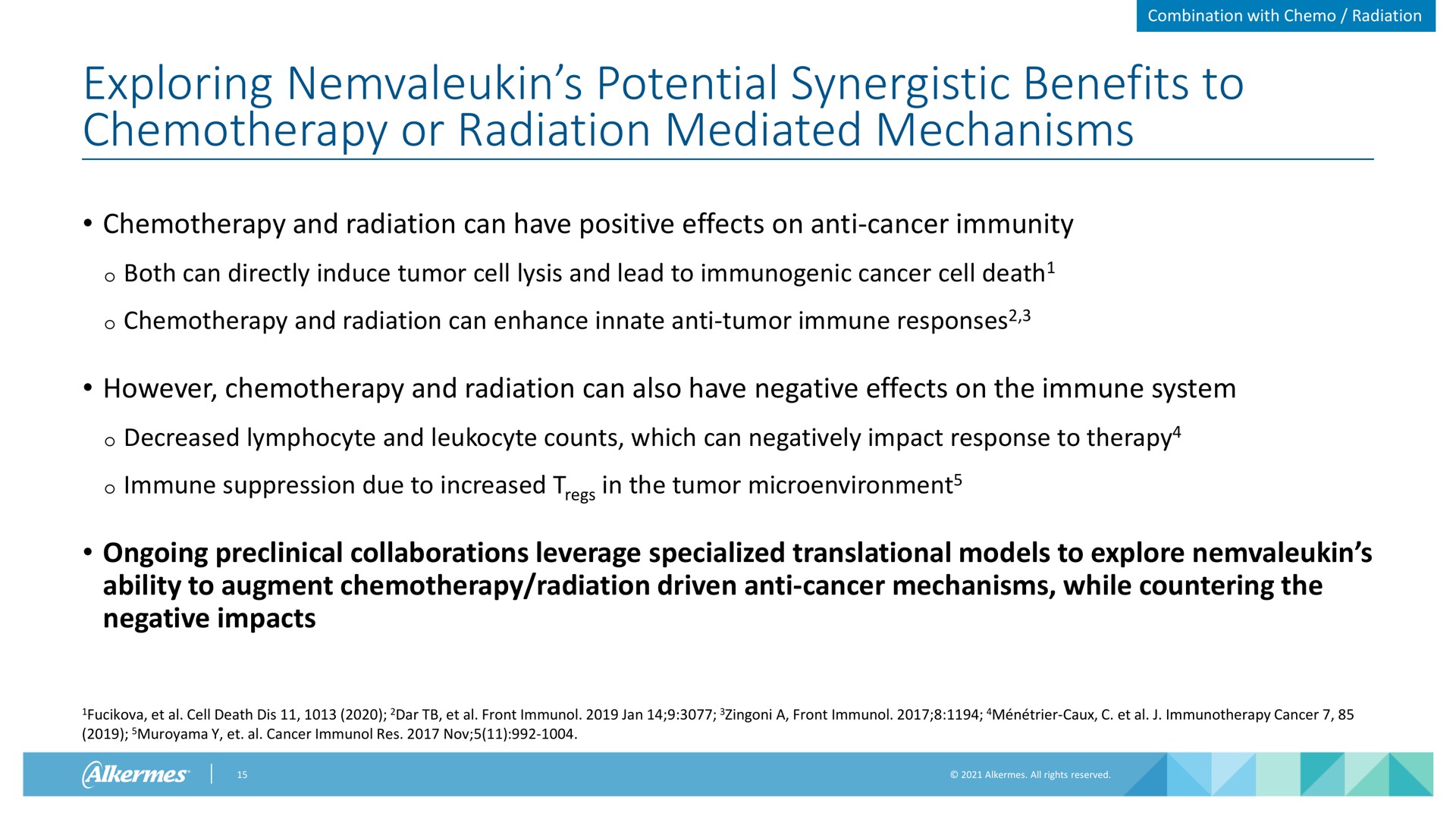 combination with radiation exploring potential synergistic benefits to chemotherapy or radiation mediated mechanisms chemotherapy and radiation can have positive effects on anti cancer immunity both can directly induce tumor cell lysis and lead to immunogenic cancer cell death chemotherapy and radiation can enhance innate anti tumor immune responses however chemotherapy and radiation can also have negative effects on the immune system decreased lymphocyte and counts which can negatively impact response to therapy immune suppression due to increased in the tumor ongoing preclinical collaborations leverage specialized translational models to explore ability to augment chemotherapy radiation driven anti cancer mechanisms while countering the negative impacts cell death dis dar front a front trier cancer cancer res responses therapy | Alkermes