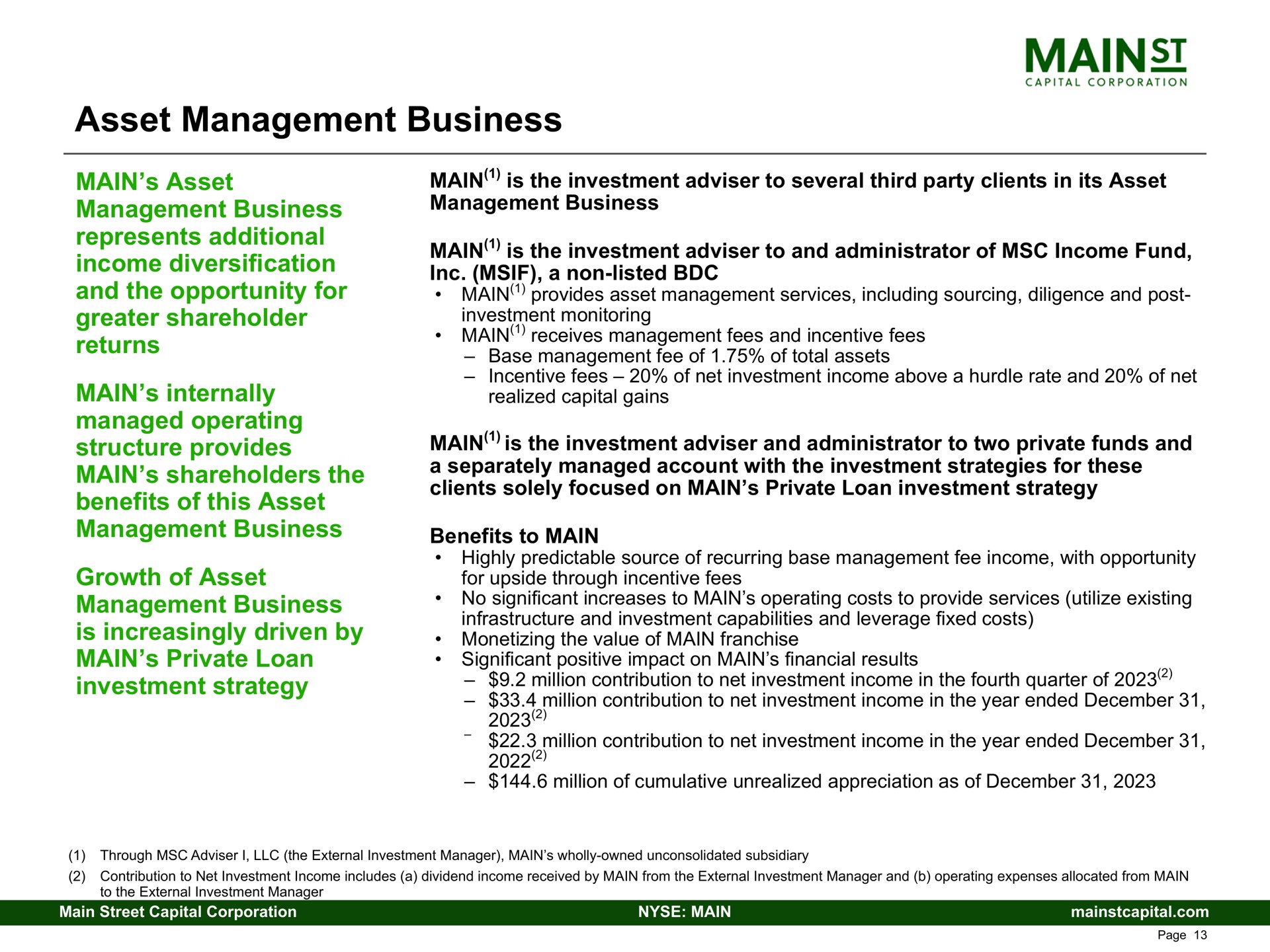 asset management business | Main Street Capital