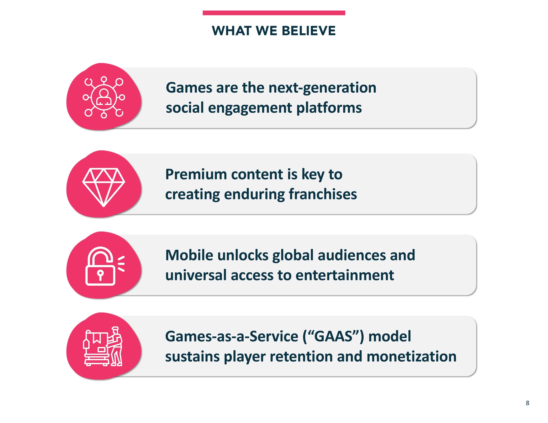 what we believe games are the next generation social engagement platforms premium content is key to creating enduring franchises mobile unlocks global audiences and universal access to entertainment games as a service model sustains player retention and monetization a a a | Jam City