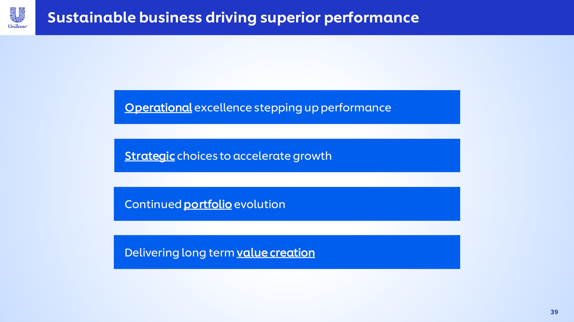 sustainable business driving superior performance strategic choices to accelerate growth operational excellence stepping up delivering long term value creation | Unilever