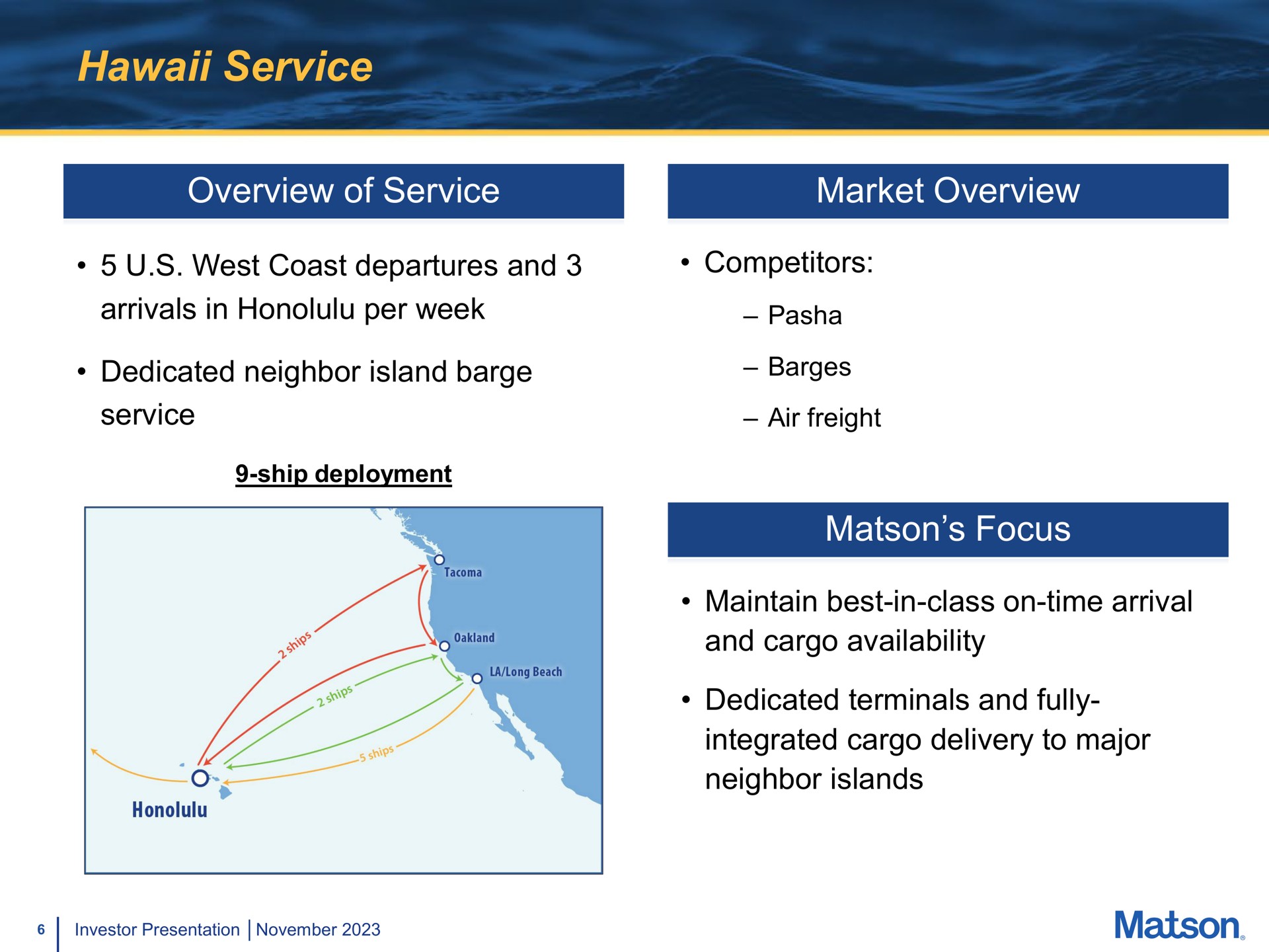 service overview of service market overview west coast departures and competitors arrivals in per week dedicated neighbor island barge service ship deployment pasha barges air freight focus maintain best in class on time arrival and cargo availability dedicated terminals and fully integrated cargo delivery to major neighbor islands a an | Matson