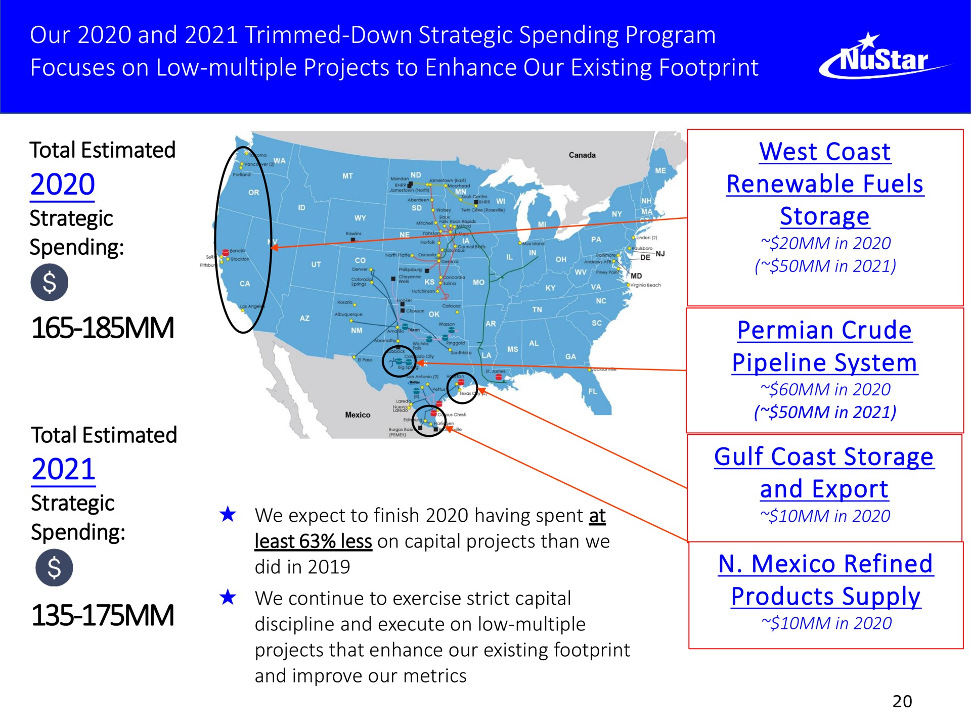 our and trimmed down strategic spending program focuses on low multiple projects to enhance our existing footprint west coast renewable fuels storage crude pipeline system gulf coast storage and export refined products supply | NuStar Energy