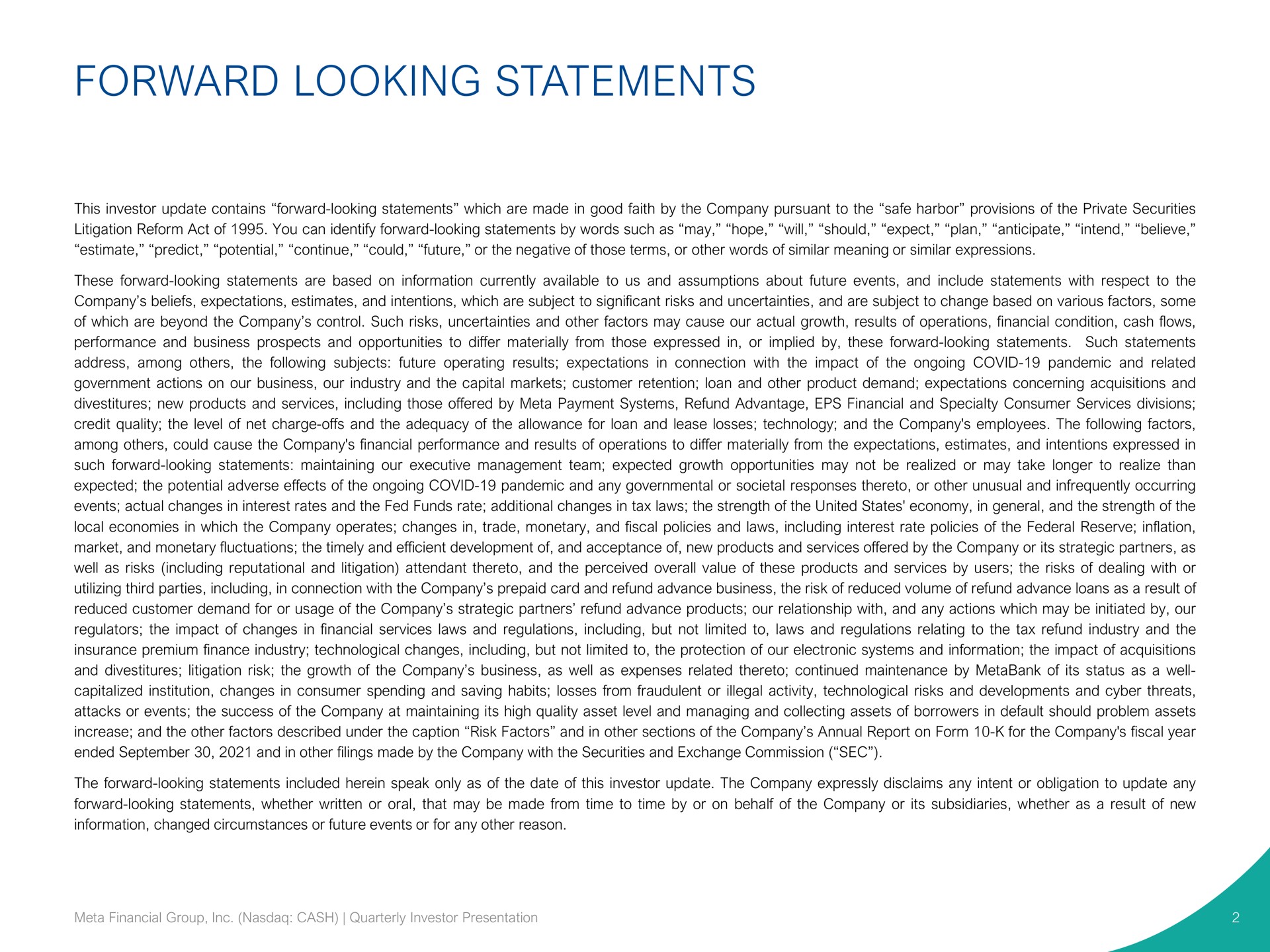 forward looking statements | Pathward Financial