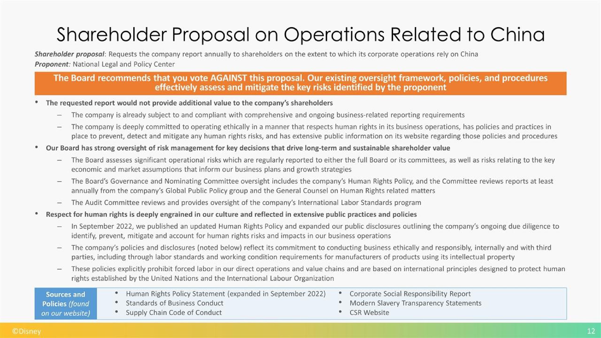 shareholder proposal on operations related to china | Disney